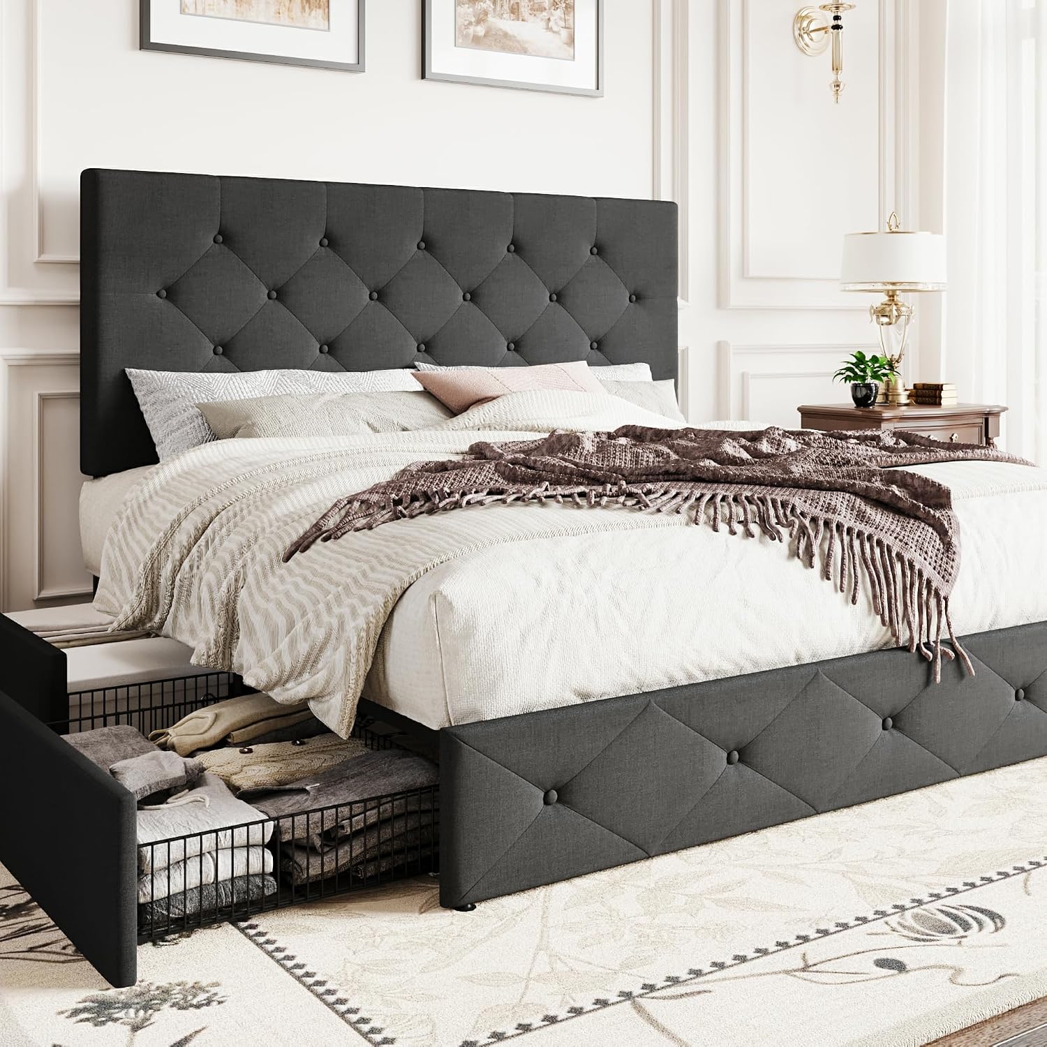 SHA CERLIN Upholstered Full Size Platform Bed Frame with 4 Storage Drawers, Adjustable Headboard with Diamond Stitched Button Tufted Design, Wooden Slat Support, No Box Spring Needed, Dark Grey