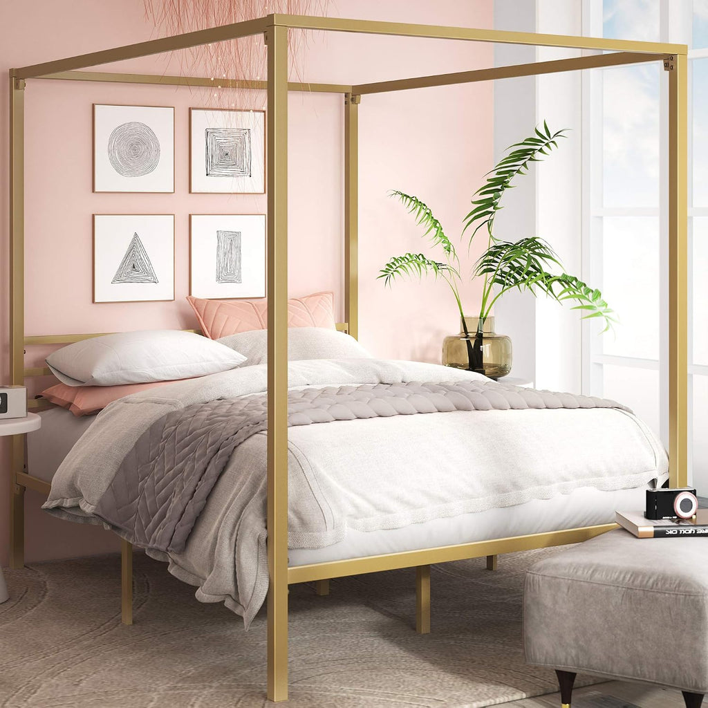 Zinus Patricia Gold Metal Canopy Platform Bed Frame, Mattress Foundation with Steel Slat Support, No Box Spring Needed, Easy Assembly, Queen