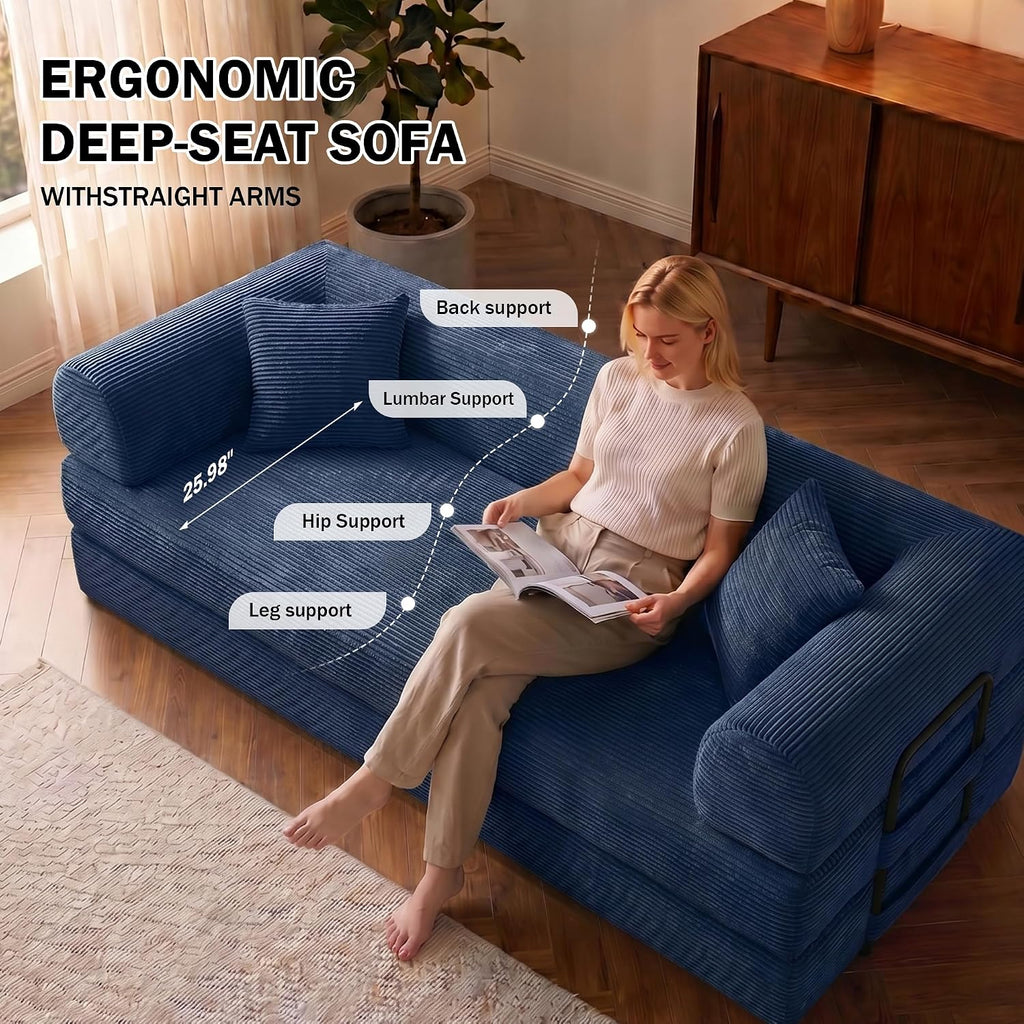 79'' Modular Convertible Sofa Bed, 5-in-1 Folding Corduroy Sleeper, Pull Out Floor Couch for Home Office Living Room with Mattress, No Assembly (Blue)