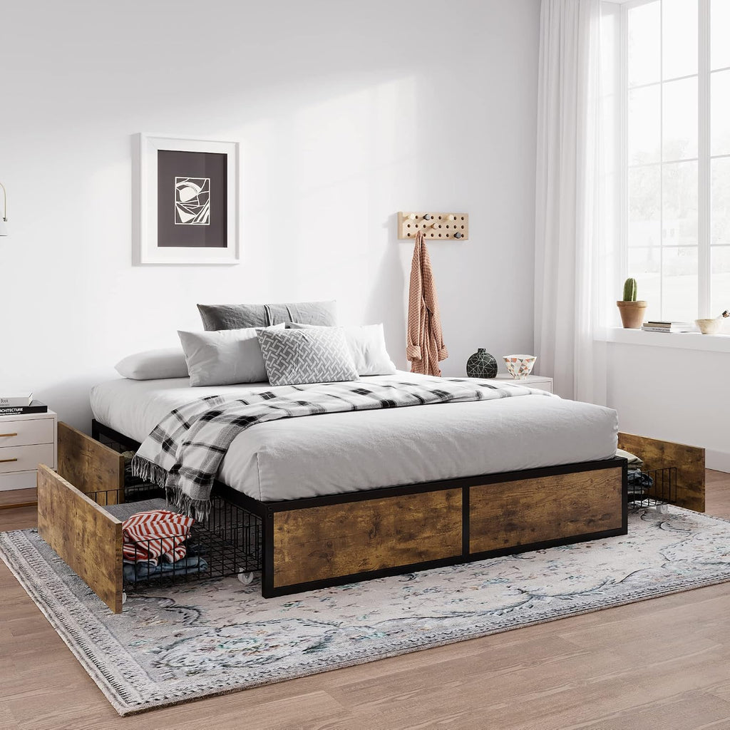 SHA CERLIN Queen Platform Bed Frame with Storage Drawers, Sturdy Metal and Wood Construction, Modern Design, No Box Spring Needed, Easy Assembly