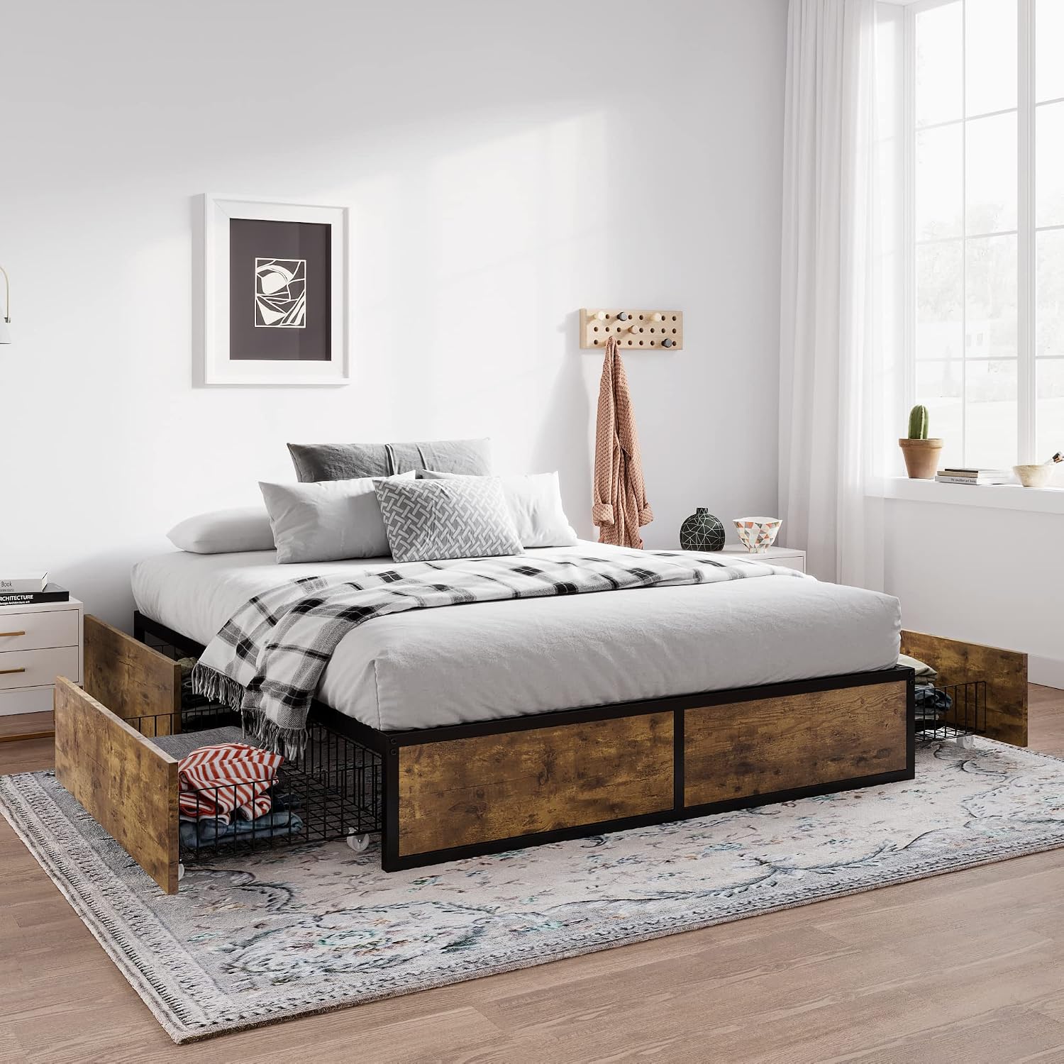 SHA CERLIN Queen Platform Bed Frame with Storage Drawers, Sturdy Metal and Wood Construction, Modern Design, No Box Spring Needed, Easy Assembly