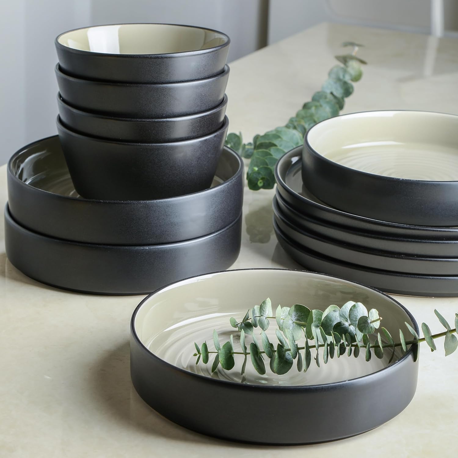 Stone Lain Elica 24-Piece Modern Dinnerware Set Stoneware, Plates and Bowl Sets for 8, Beige and Black
