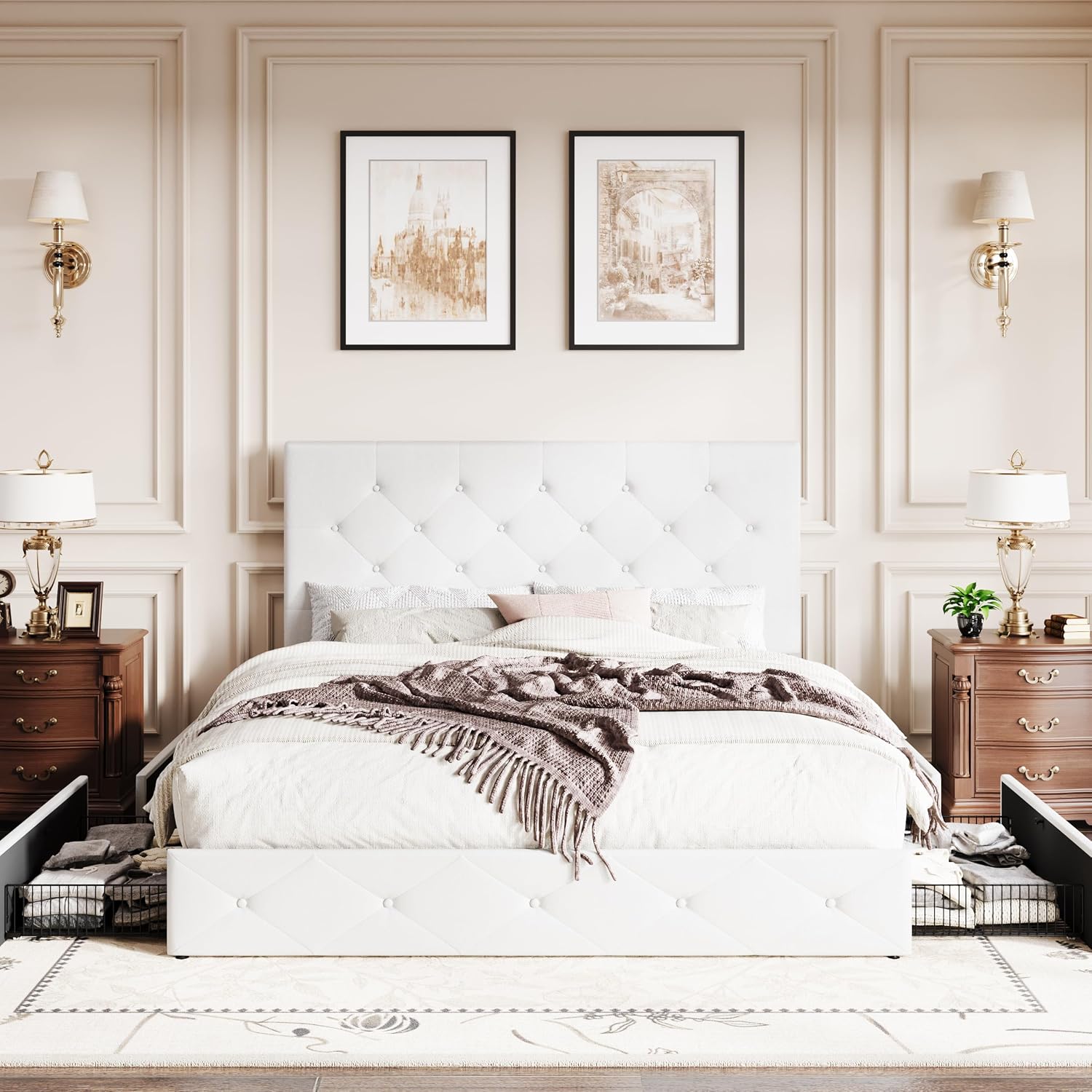 SHA CERLIN Upholstered Full Platform Storage Bed Frame with 4 Drawers, Adjustable Headboard with Faux Leather Diamond Button Tufted Design, Wooden Slat Support, No Box Spring Needed, White
