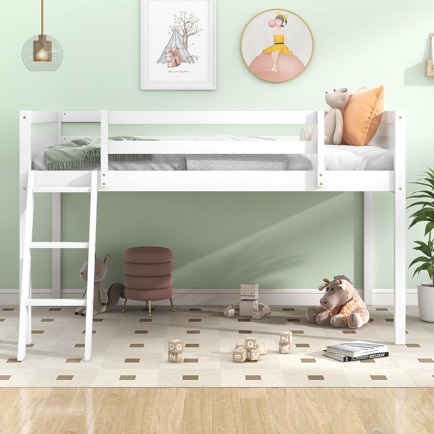 Twin Size Loft Bed, Wood Low Loft Bed with Convertible Ladder, Ladder can be Placed on the Left or Right, Safety Guardrails, Wood Slats Support, No Box Spring Required (White & Convertible Ladder)