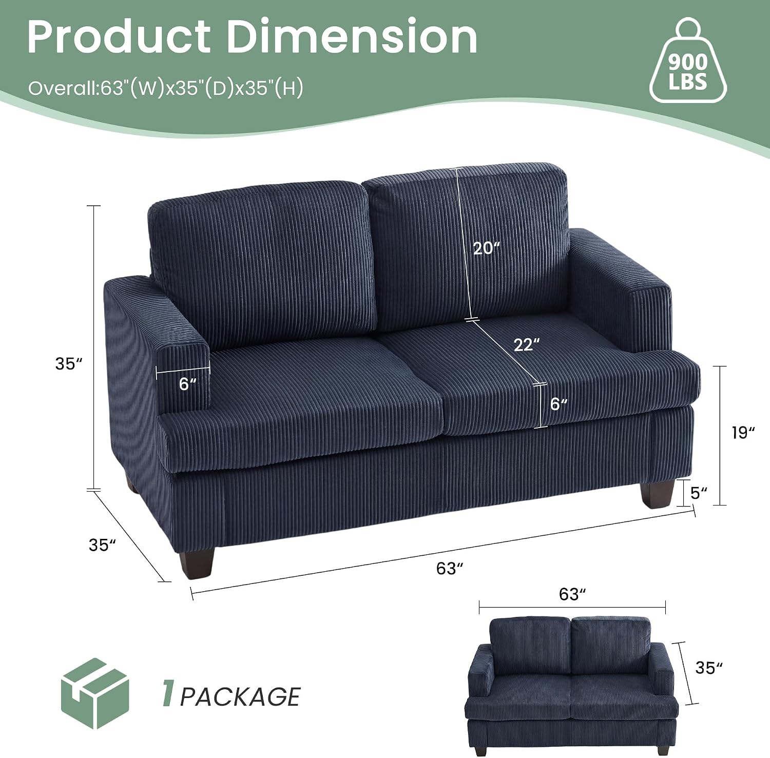 Fiona's magic 63' Loveseat Sofa Couch for Living Room, Deep Seat Sofa for Bedroom, Comfy Couch for Small Spaces, Blue Corduroy