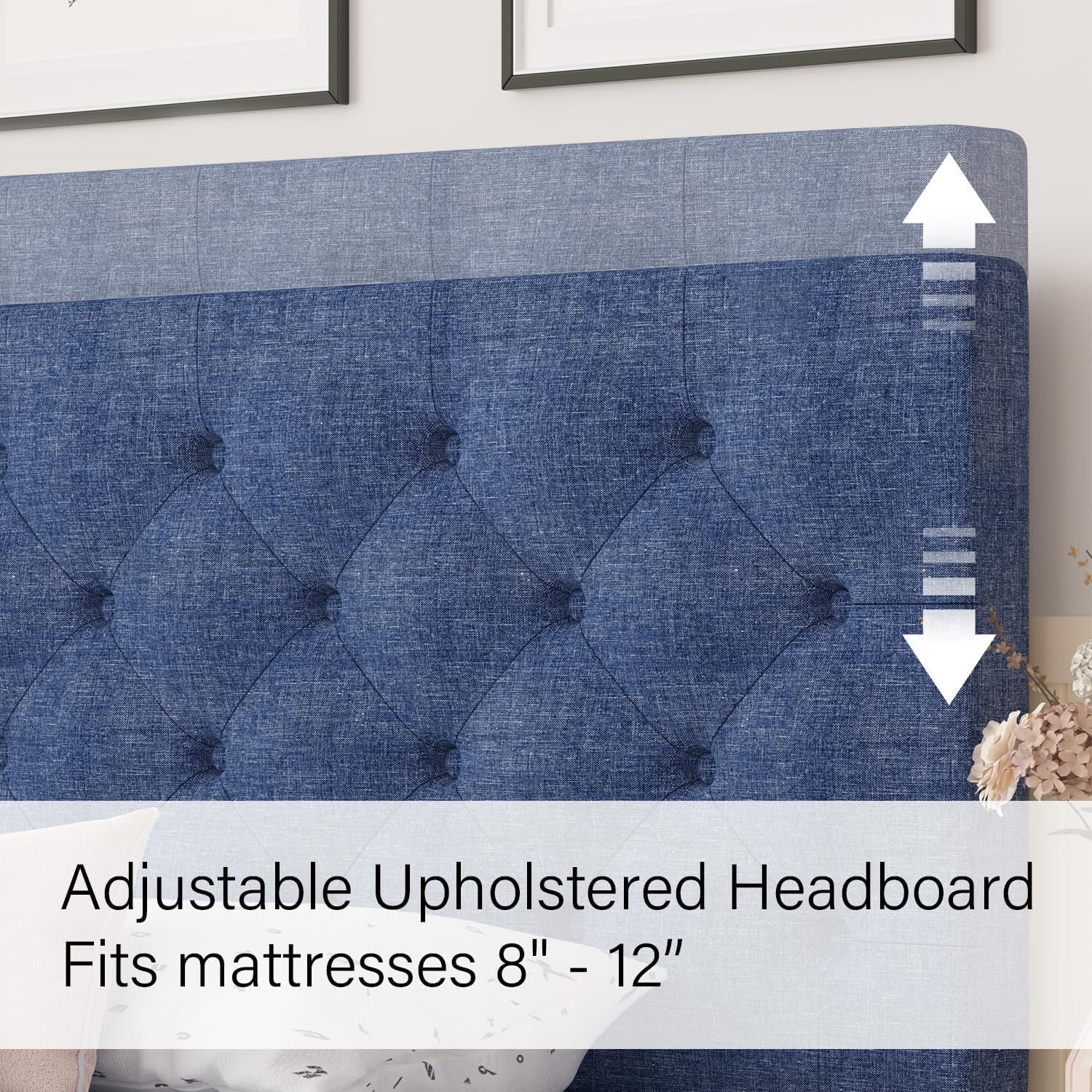 HOMBCK King Size Bed Frame, Linen Fabric Upholstered Bed Frame King Size with Headboard, Wood Slats Support, Button Tufted Design, No Box Spring Needed, Blue