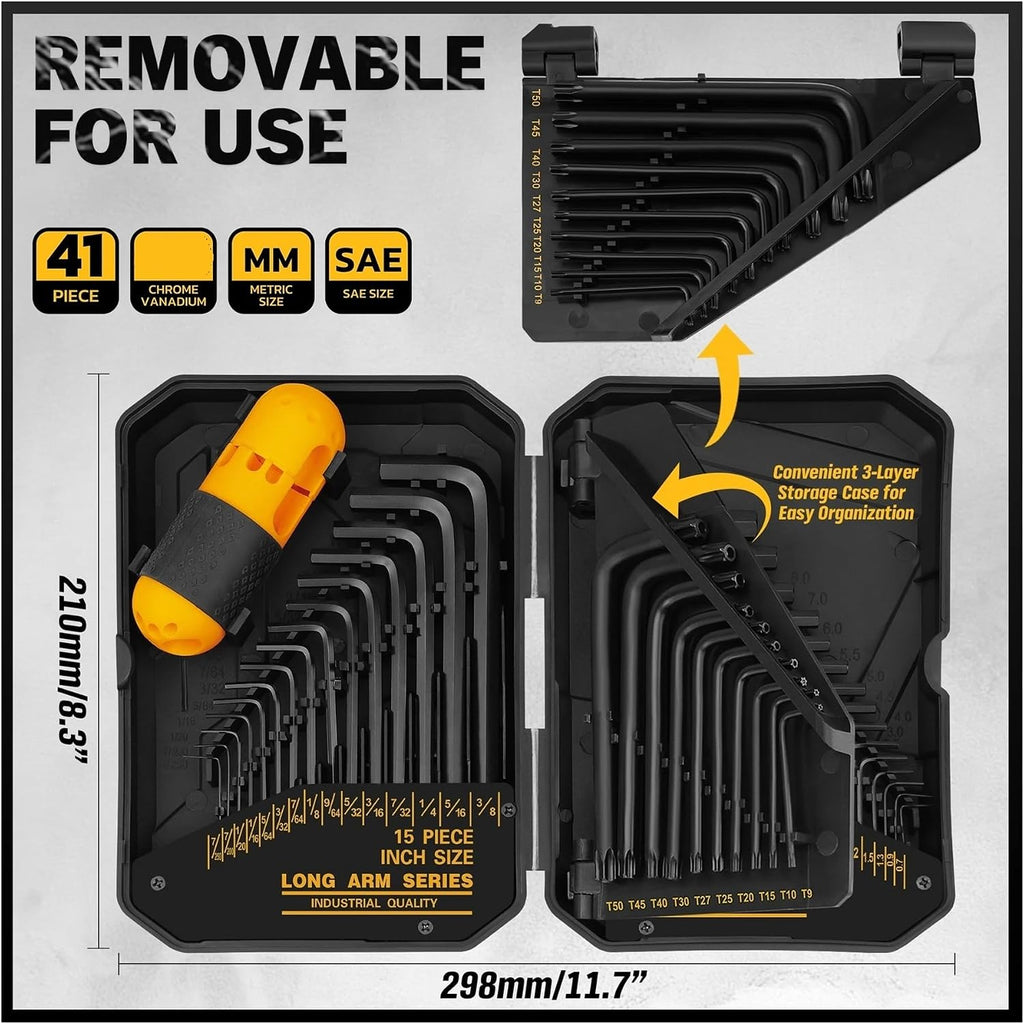 41PC Hex Key Allen Wrench Set Standard SAE(0.028'-3/8') & Metric(0.7mm-10mm) & Torx(T9-T50) in Storage Case