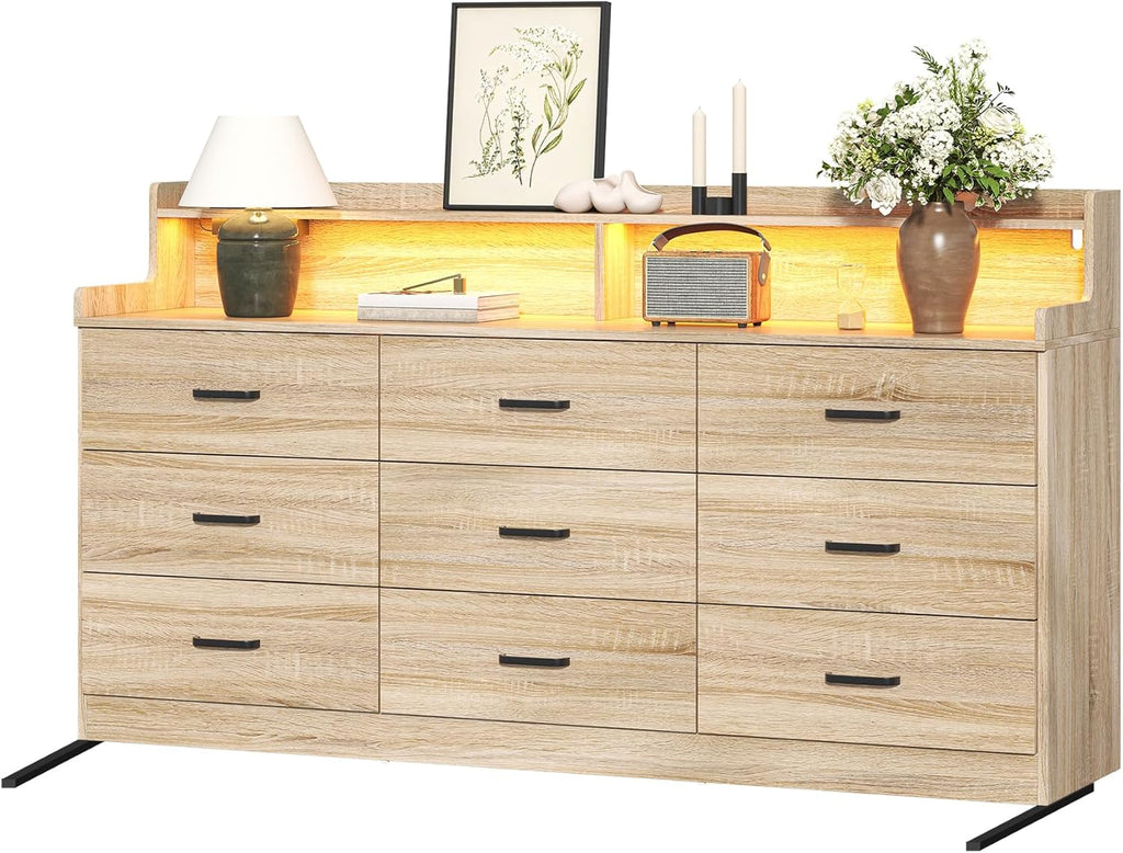 Bigbiglife 9 Drawer Dresser with Built-in Power Outlet, Mid Century Modern Chest of Drawers for Bedroom,63'' Triple Wide Dresser Storage Cabinet for Closet, Living Room, Entryway,Light Wood