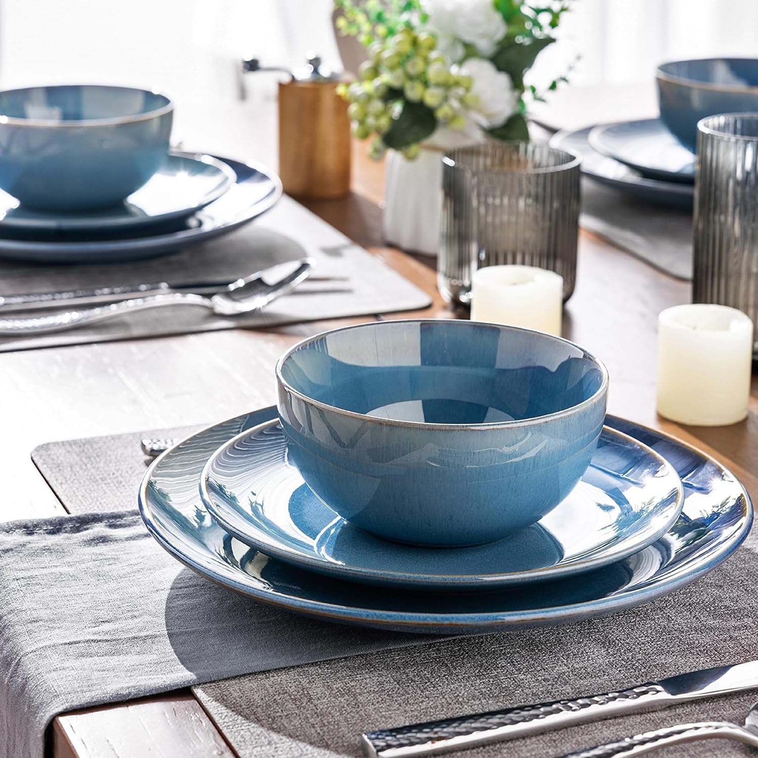 GBHOME Dinnerware Sets with Double Bowls for 6, 24 Pieces Stoneware Plates and Bowls Set, Scratch Resistant Ceramic Dishes Set, Dishwasher & Microwave Safe-Alaskan Blue