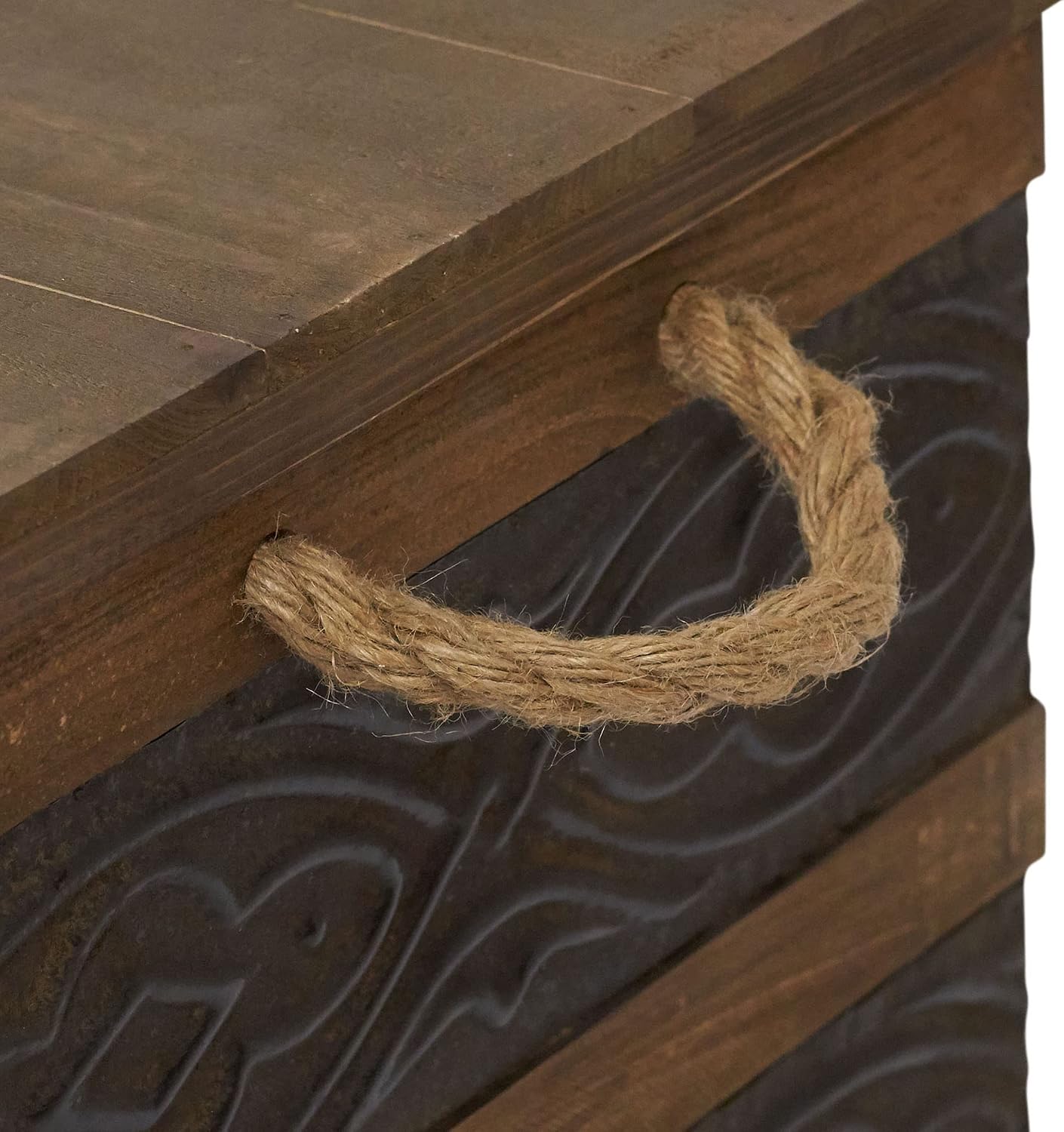 Household Essentials Decorative Trunk, Embossed Metal, Small, Chinese Fir Wood, Darkened Interior, Rope Handles, Flat and Fully Opening Lid, Handmade, Walnut and Almond Stain