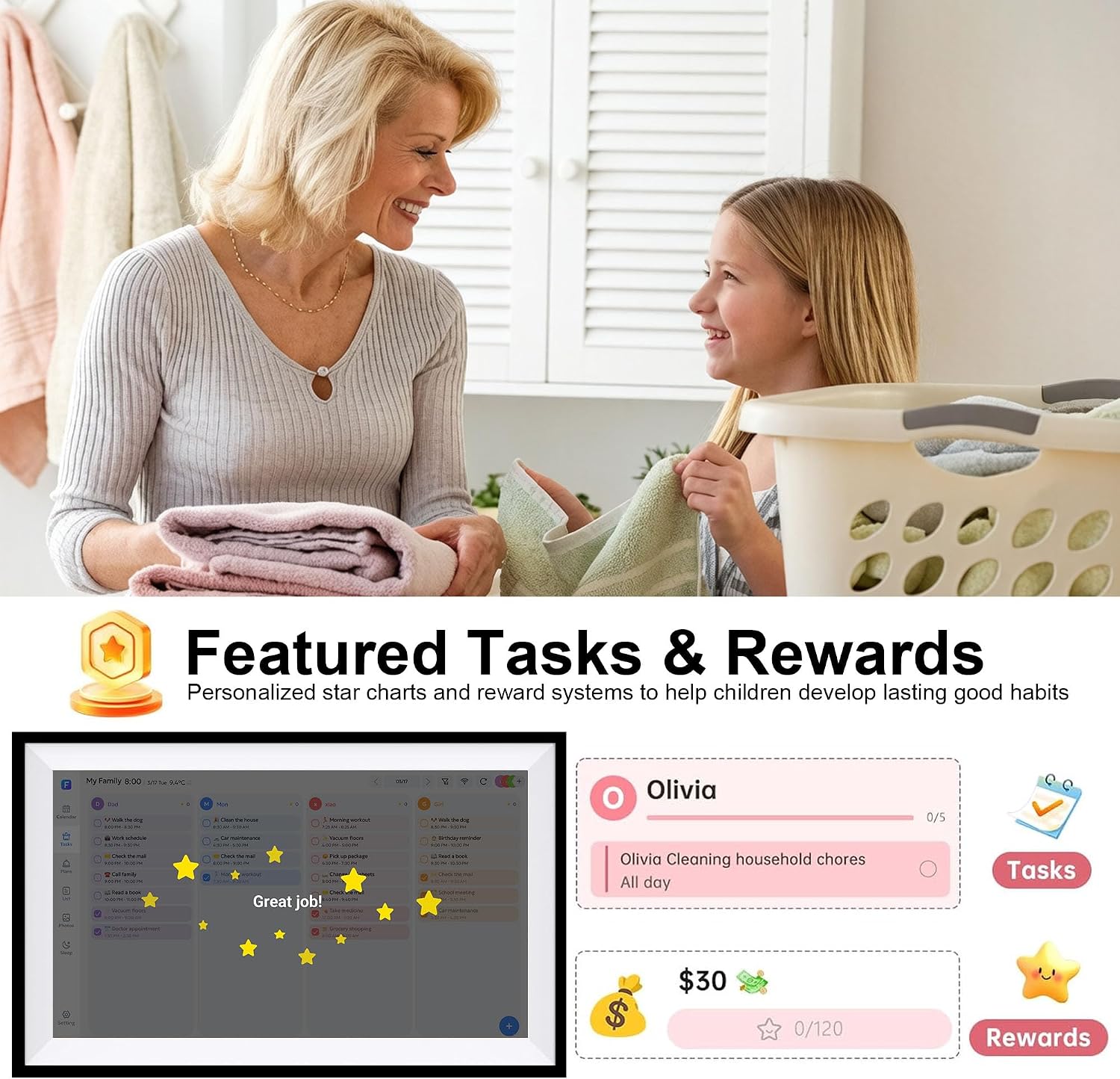 Digital Calendar Wall Touch Screen 15.6' HD Smart Family Planner | Whole-Family Schedule Sync, Chore Rewards & Meal Planning, Zero Subscription Fees, Photo Frame