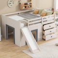 JIVOIT Wooden Low Loft Bed with Slide, Full Size Loft Bed with Three Storage Drawers and Two Doors, Wood Slat Support, No Box Spring Required
