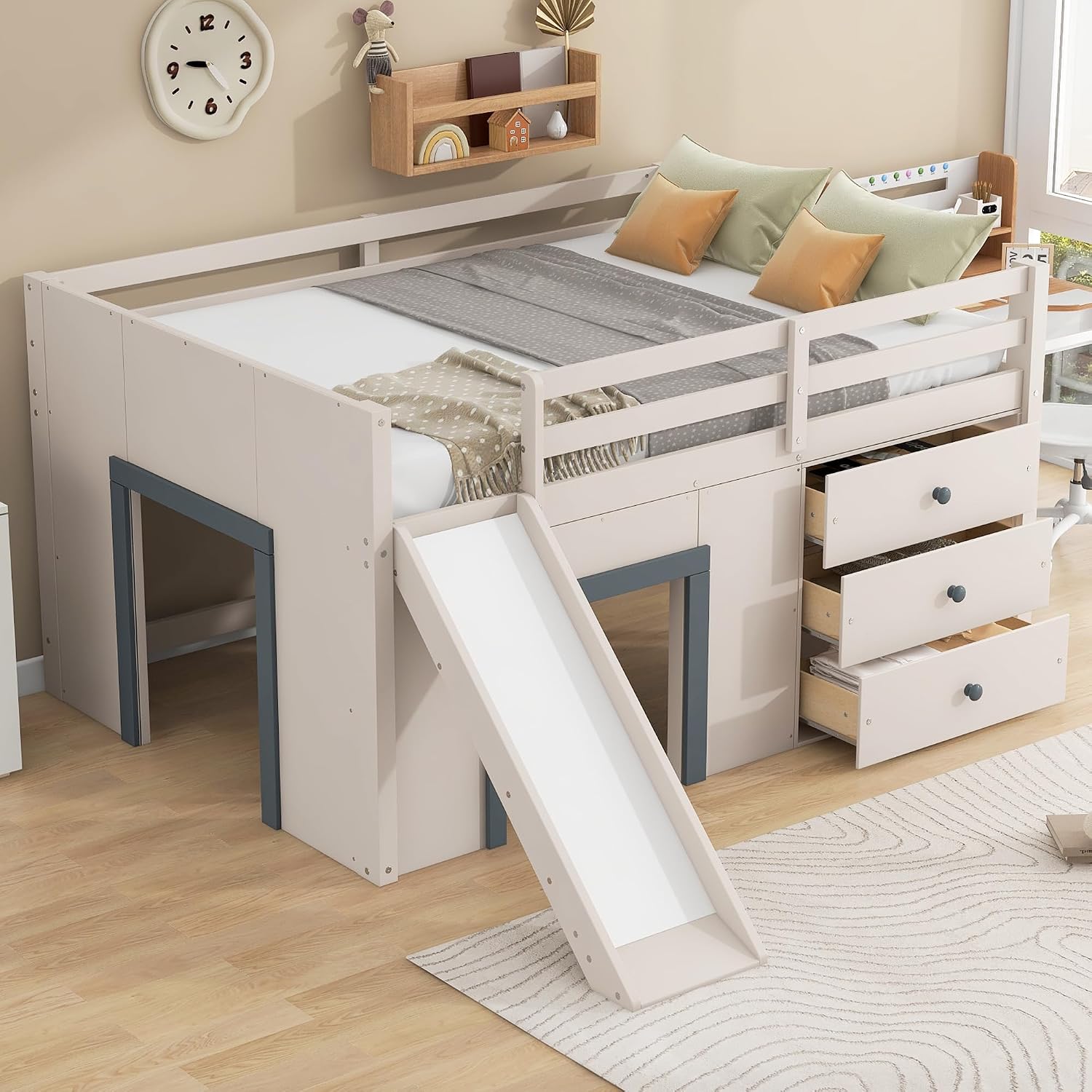 JIVOIT Wooden Low Loft Bed with Slide, Full Size Loft Bed with Three Storage Drawers and Two Doors, Wood Slat Support, No Box Spring Required