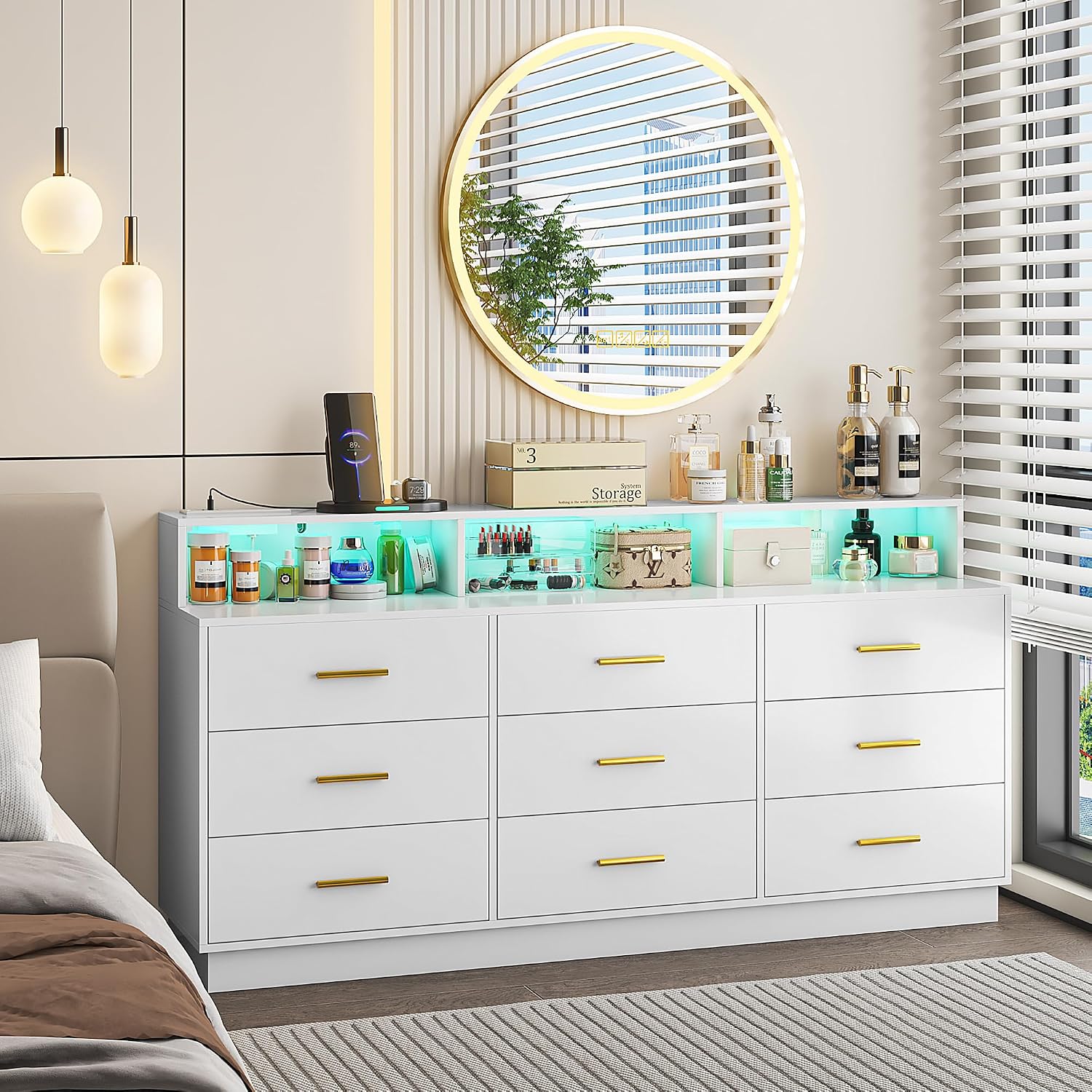 UNIQUITE White 9 Drawer Dressers for Bedroom, Modern Large Dresser with LED Light and Power Outlet, Wooden Long Dresser for Bedroom, Entryway, Hallway