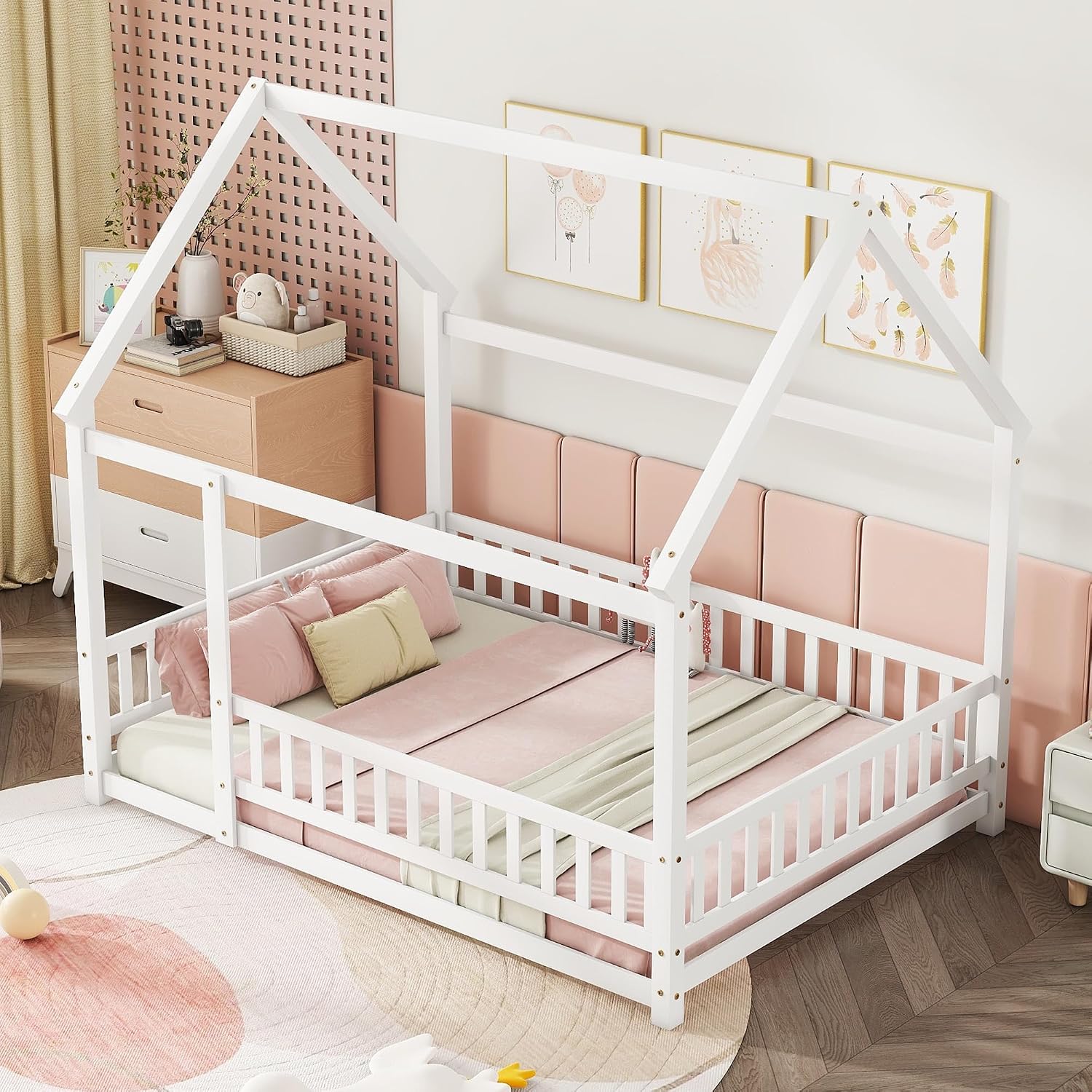 Bellemave Full Size House Floor Bed,Wooden Montessori Bed with Fence and Roof for Kids,Playhouse Full Bed Frame for Girls,Boys(Full,White)