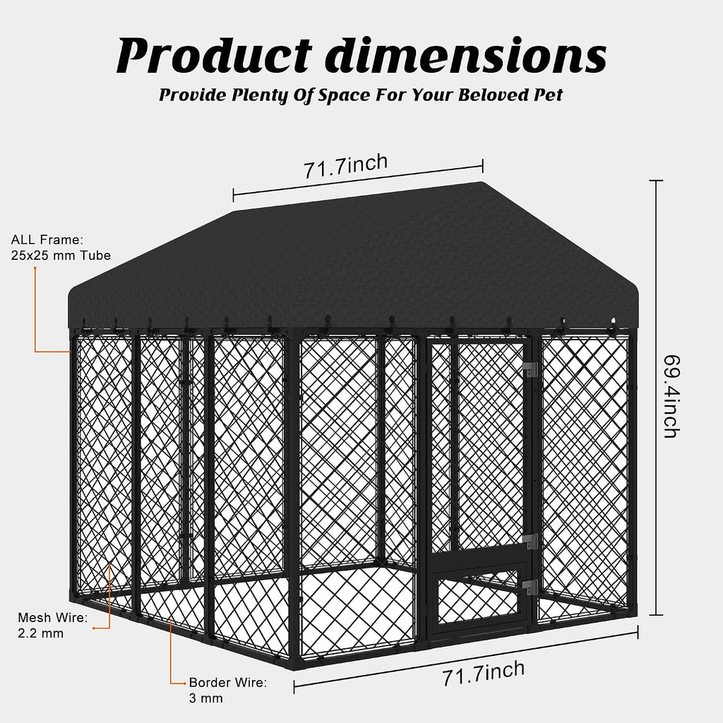 6x6FT Dog Kennel Outdoor with Roof - Heavy Duty Metal Fence Playpen for Large Dogs, Weatherproof Enclosure with Double Lock Gate & Feeding Swivel Door