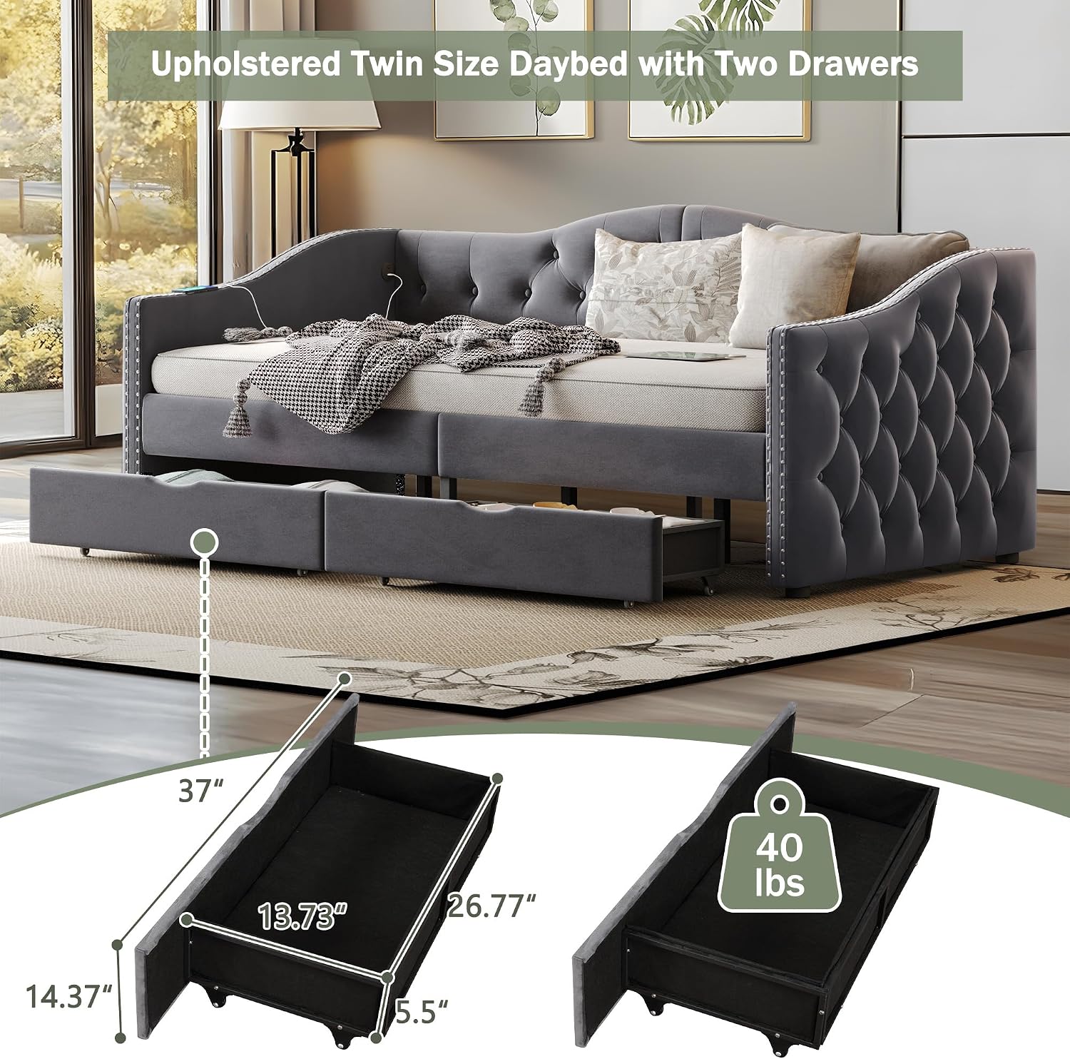Twin Size Daybed with Storage Drawers, Upholstered Daybed with 2 USB Ports, Sturdy Metal and Wood Frame,Day Bed for Bedroom, No Box Spring Needed, Grey