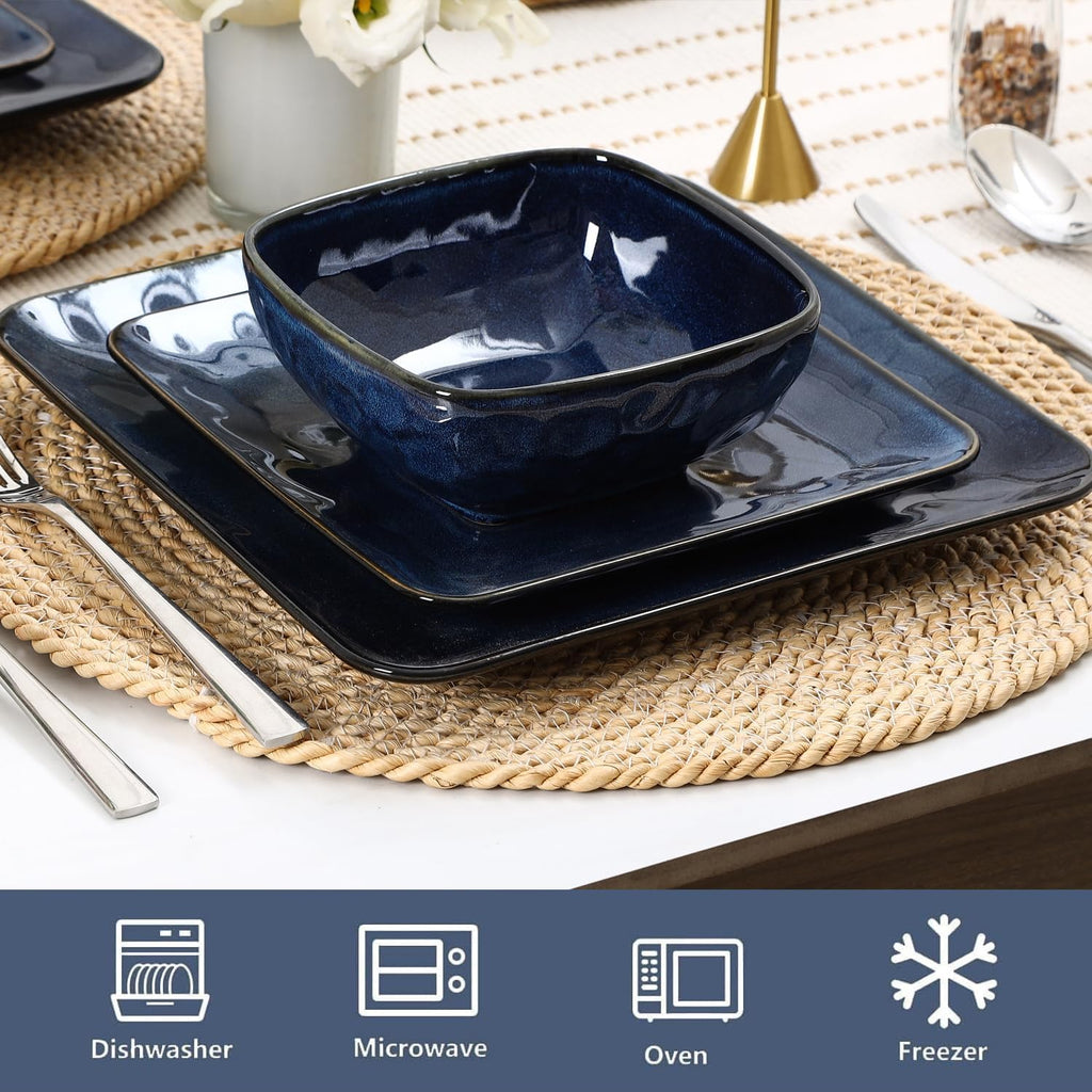 Vicrays Ceramic 18 Pieces Square Dinnerware Set - Dinner Plates Salad Plates Cereal Bowls Set Service for 6 - Scratch Resistant Microwave Oven Dishwasher Safe - Blue