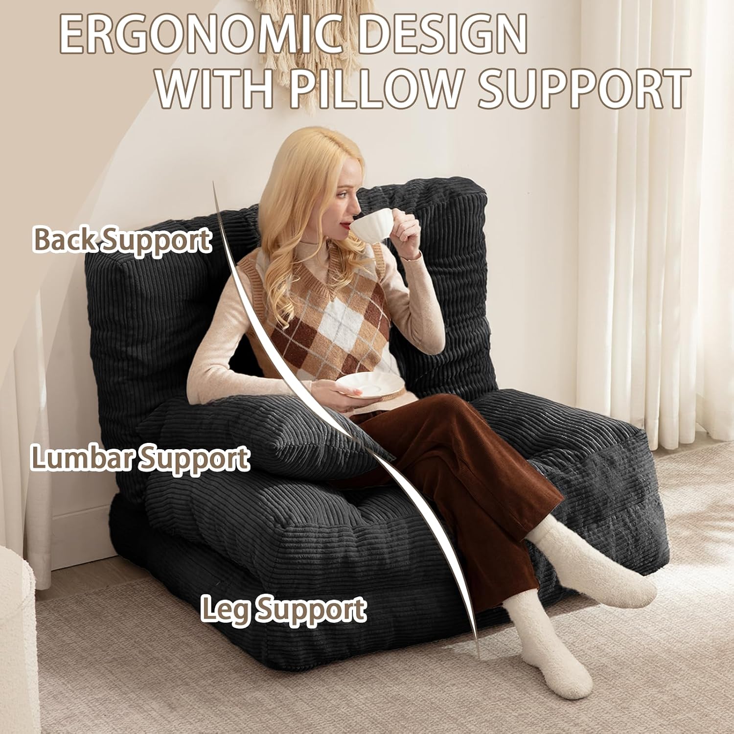 Folding Sofa Bed, Convertible Sleeper Chair with Pillow Foldable Mattress with Back Support, Portable Fold Out Chair Bed Comfy Floor Sofa Lounge for Living Room Bedroom, Black Twin 80x39 Inch