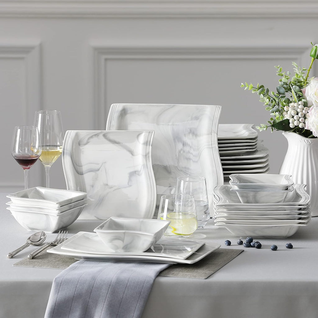 MALACASA 26-Piece Marble Grey Square Dinnerware Sets, Flora Porcelain Dinner Set for 6, Service for 6, Microwave & Dishwasher Safe, BPA, Lead & Cadmium Free