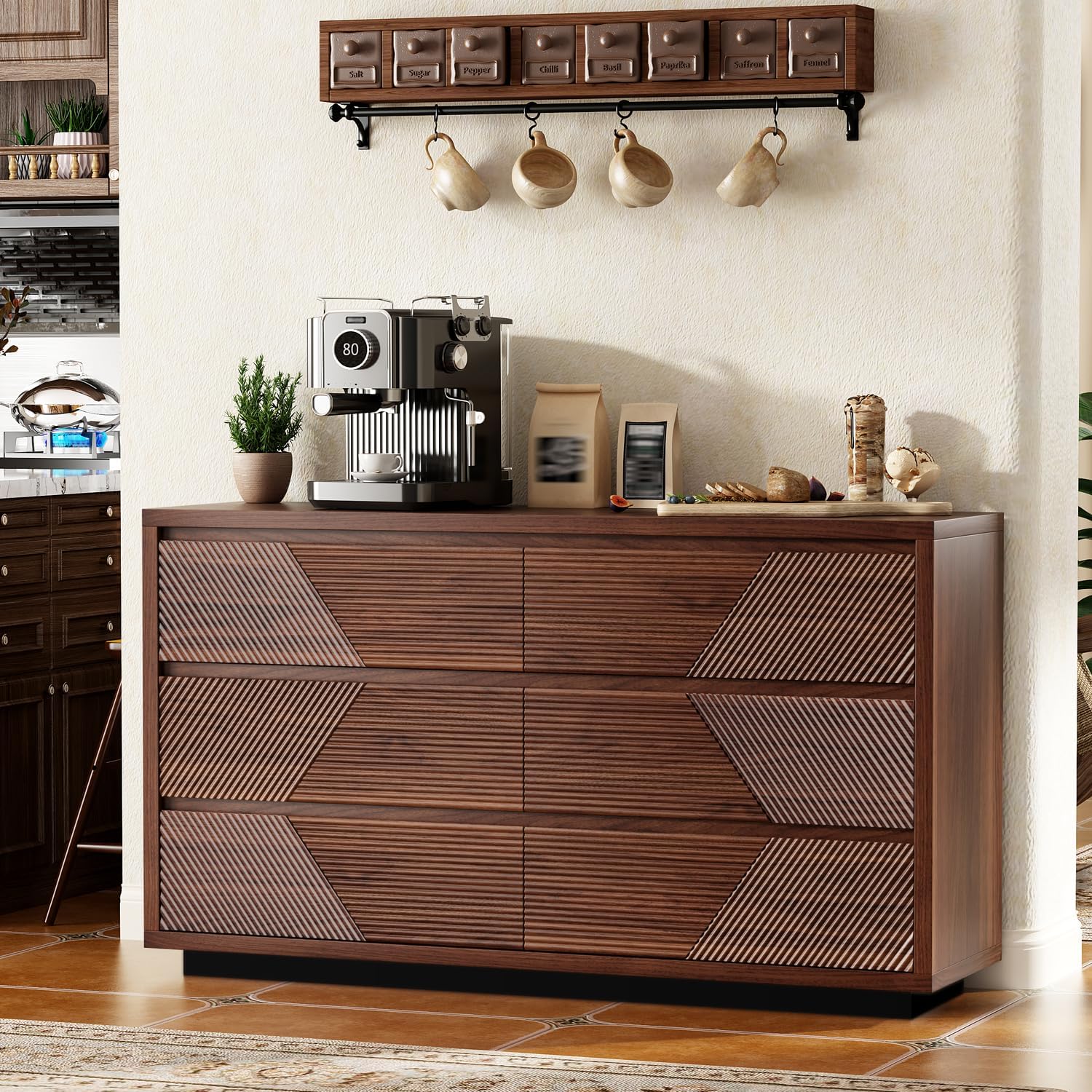 Ieejdn 55.12' Modern Chest of Drawer, 6 Deep Drawers,Clothes Organizer,Large Storage Cabinet for Living Room, Bedroom,Dresser TV Stand, Wood Drawer Organizer for Living Room, Hallway, Umber