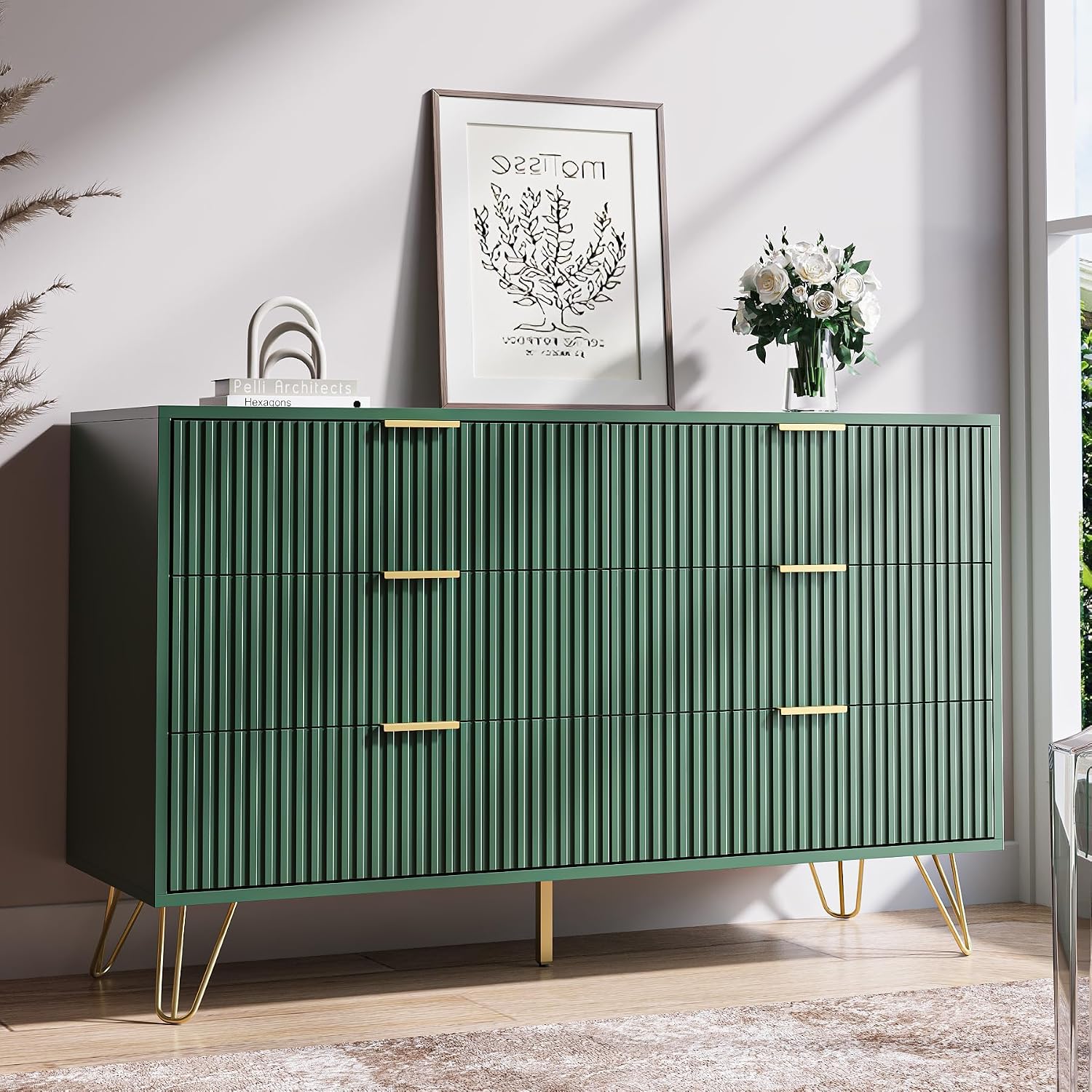 MAISONARIA Green Dresser for Bedroom, Modern Dresser with Gold Metal Handles & Chests of Drawers, Wood Chest of Drawers for Bedroom