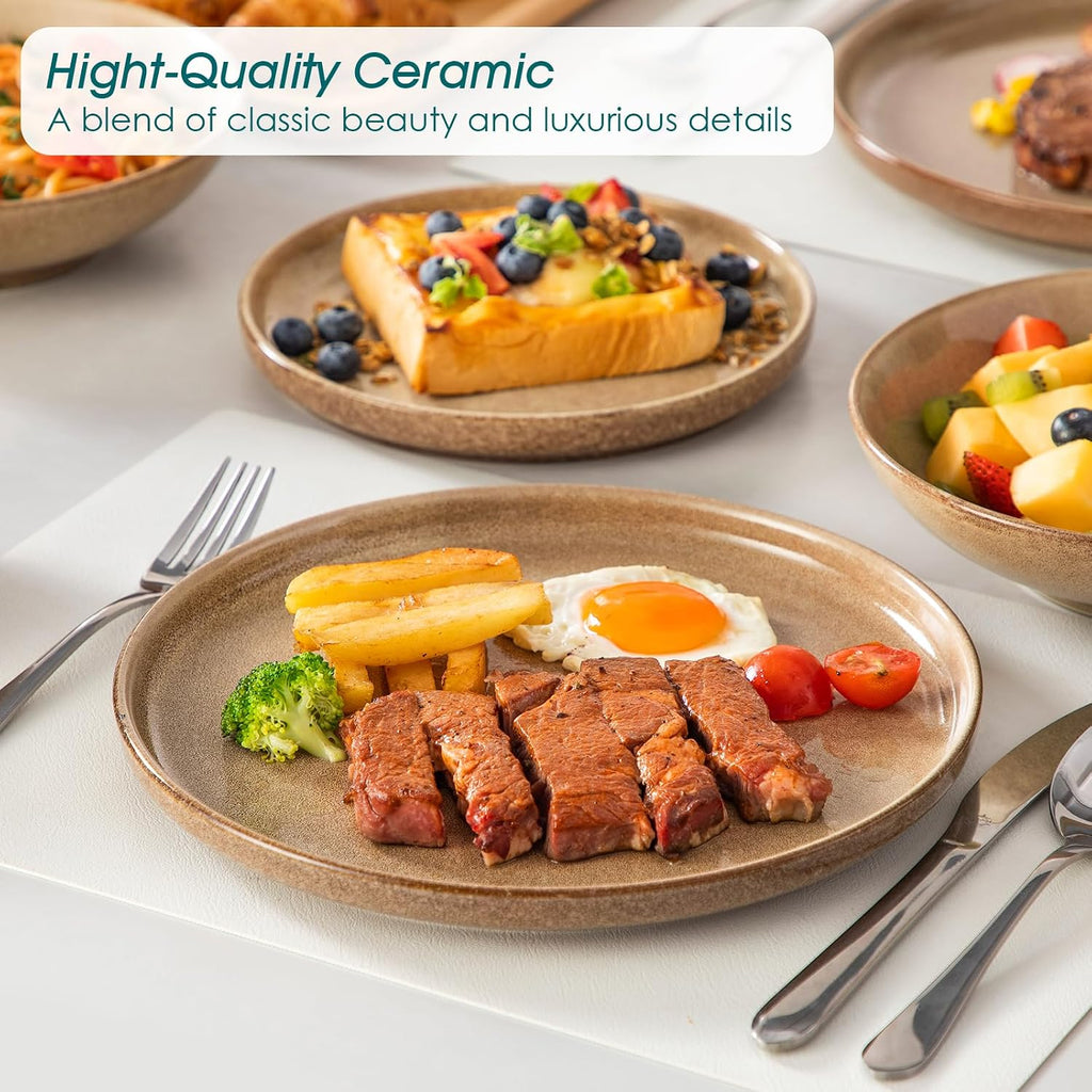 vancasso ANYA 24 Pieces Plates and Bowls Set, Caramel Dinnerware Sets, Reactive Glaze Dishes Set for 6, Ceramic Dishware Sets Kitchen Dinner Set, Microwave & Dishwasher Safe