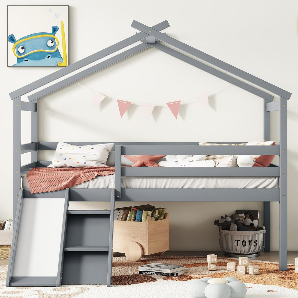 Twin Size Low Loft Bed with Slide and Ladder,Bed Frame W/Safety Guardrails & House Shape Roof,for Bedroom,Apartment,Guest Room,Easy Assembly,Grey