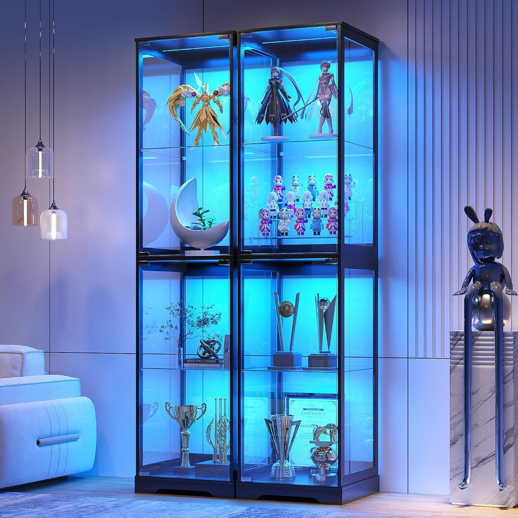 Glass Display Cabinet with Doors, 65' Tall 4-Tier Curio Display Case with 3 Color Lights and Human Body Sensor, Bookcase for Collectibles, Black