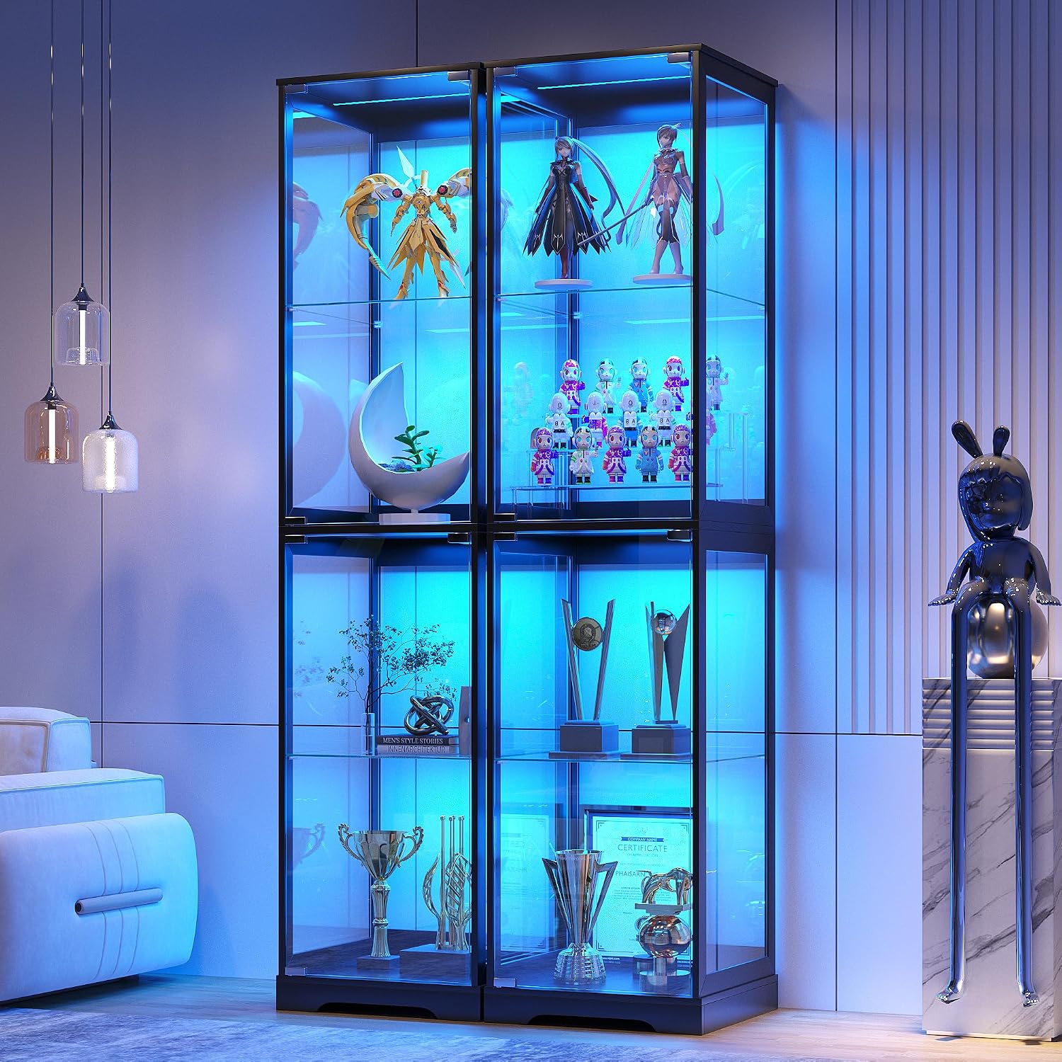 Glass Display Cabinet with Doors, 65' Tall 4-Tier Curio Display Case with 3 Color Lights and Human Body Sensor, Bookcase for Collectibles, Black