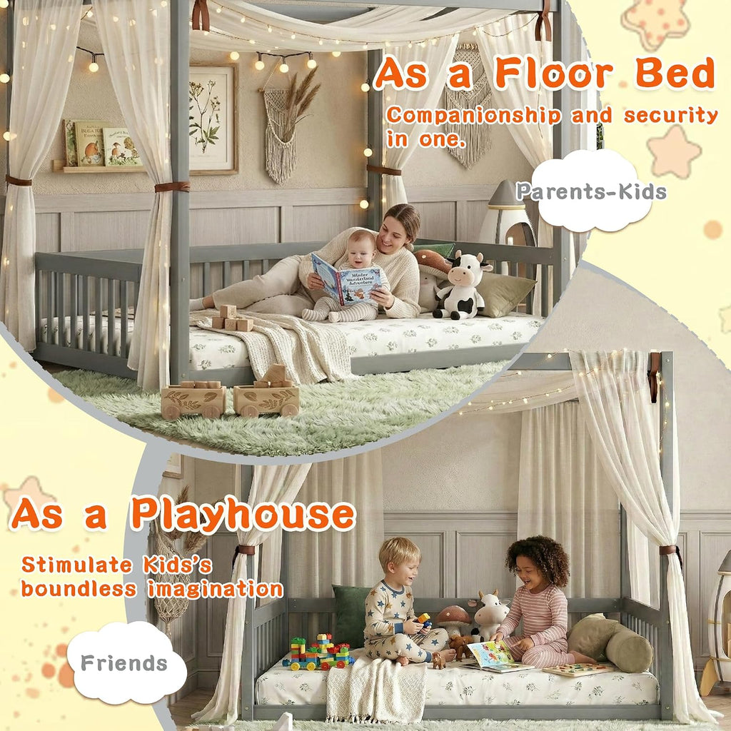Full Size Canopy Bed Frame with 4 Posters and Guardrails for Kids, Wood Montessori Floor Bed Full Size with High Fence for Girls & Boys, Easy Assemble, Montessori Beds,Gray