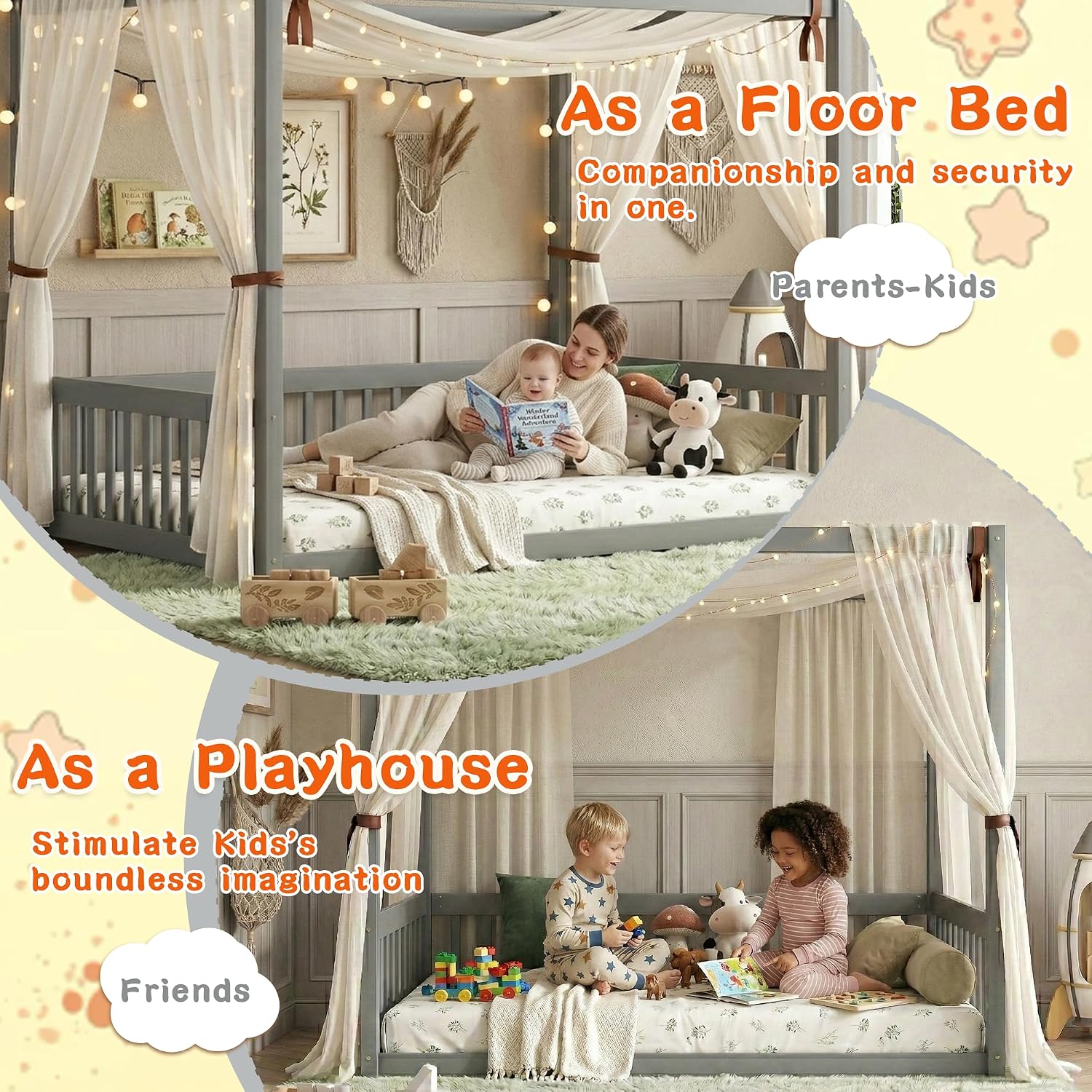 Full Size Canopy Bed Frame with 4 Posters and Guardrails for Kids, Wood Montessori Floor Bed Full Size with High Fence for Girls & Boys, Easy Assemble, Montessori Beds,Gray