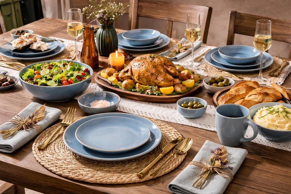 GBHOME Dinnerware Sets with Double Bowls for 6, 24 Pieces Stoneware Plates and Bowls Set, Scratch Resistant Ceramic Dishes Set, Dishwasher & Microwave Safe-Alaskan Blue