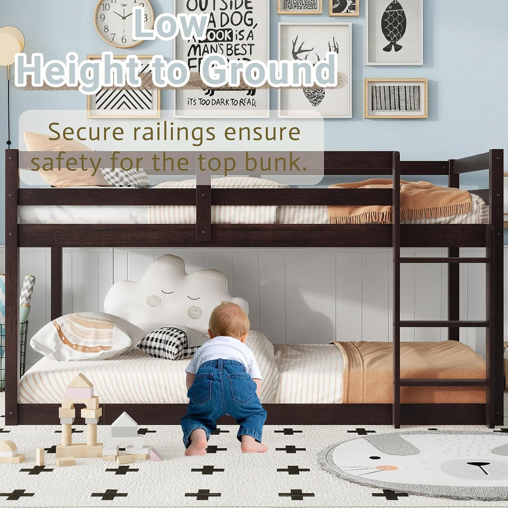 Twin Low Bunk Bed for Kids, Floor Bunk Beds Twin Over Twin with Integrated Ladder & Full Guardrails, Wood Bunked with Strengthened Slats for Boys, Girls, Bedroom, No Box Spring Needed, Espresso