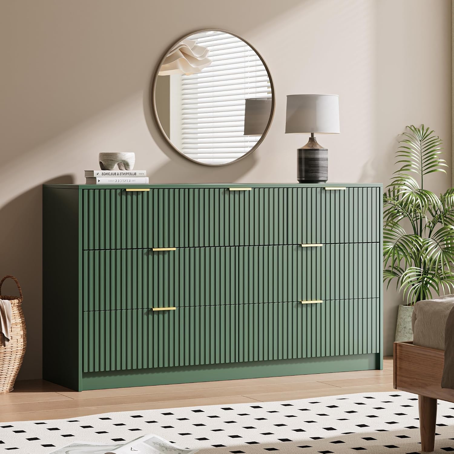 MAISONARIA Green 7 Drawer Dresser for Bedroom, 55.9' Wide Modern Fluted Dresser with Gold Metal Handles, Wide Chest of Drawers for Bedroom, Living Room, Entryway, Hallway