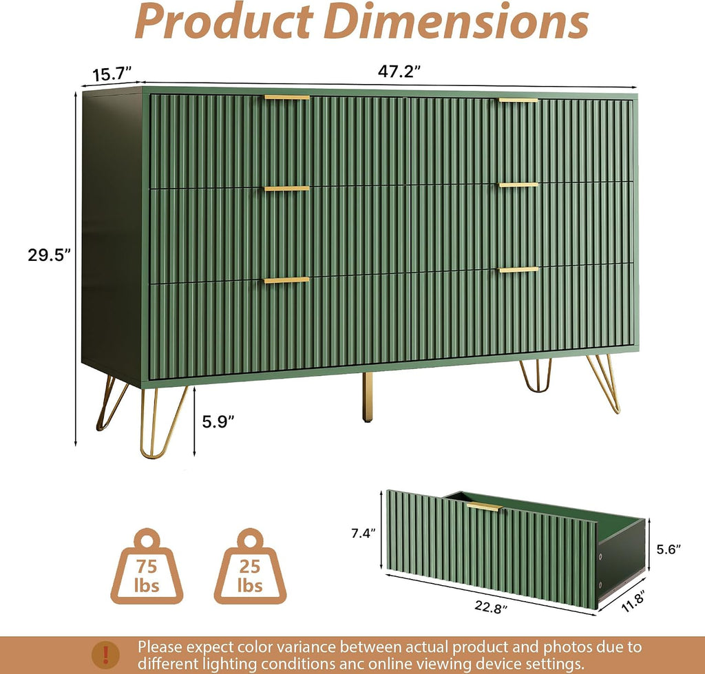 MAISONARIA Green Dresser for Bedroom, Modern Dresser with Gold Metal Handles & Chests of Drawers, Wood Chest of Drawers for Bedroom