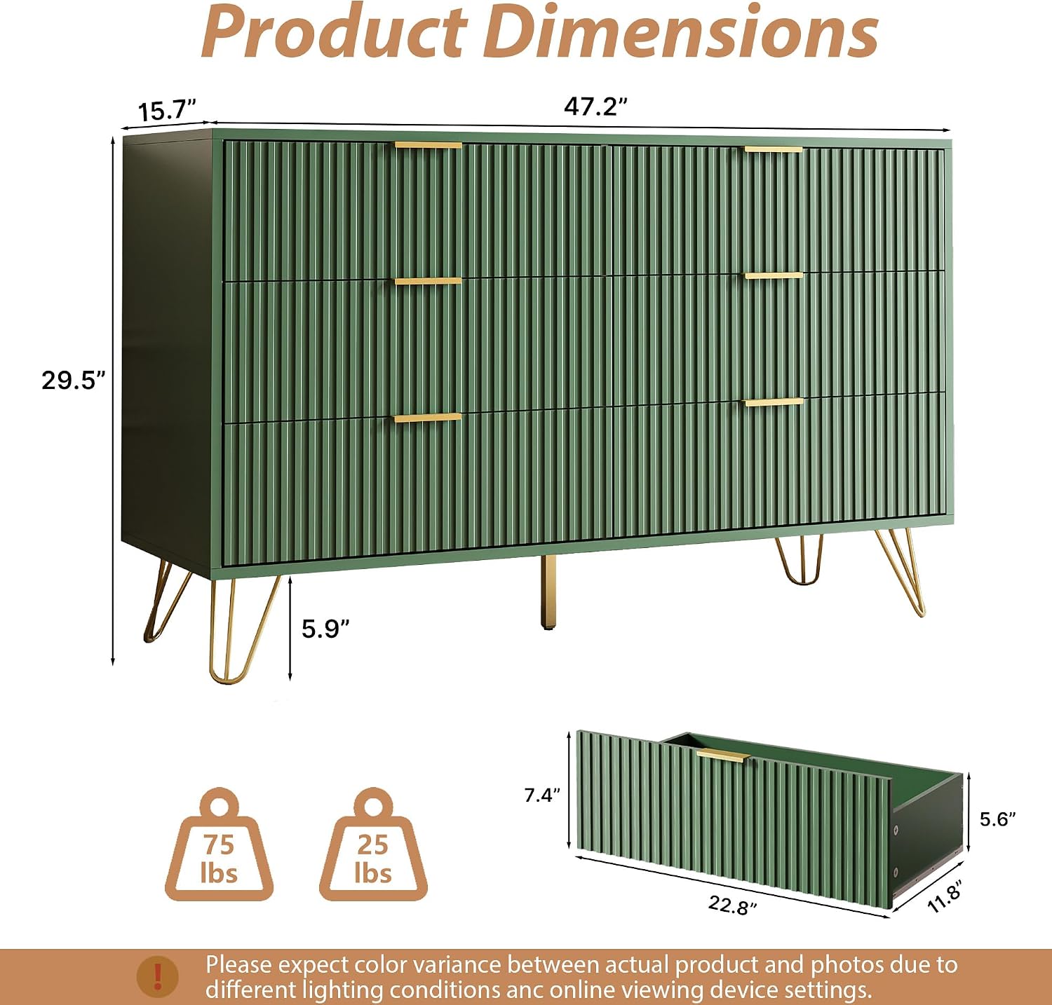MAISONARIA Green Dresser for Bedroom, Modern Dresser with Gold Metal Handles & Chests of Drawers, Wood Chest of Drawers for Bedroom