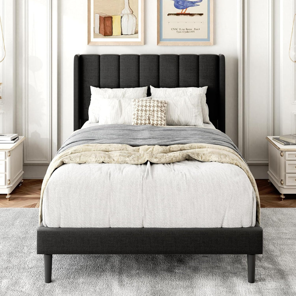 Gruwans Twin Size Bed Frame with Upholstered Wingback Headboard, Easy Assemnly Platform Bed, Wooden Slat Support No Box Spring Needed, Dark Gray