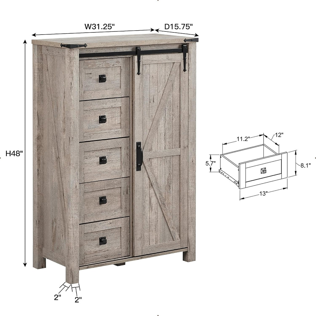 T4TREAM 5 Drawers Dresser for Bedroom w/Sliding Barn Door, Farmhouse Modern Tall Dresser 5 Chest of Drawers, Storage Organizer for Bedroom, Hallway, Living Room, Kids Room, Light Rustic Oak