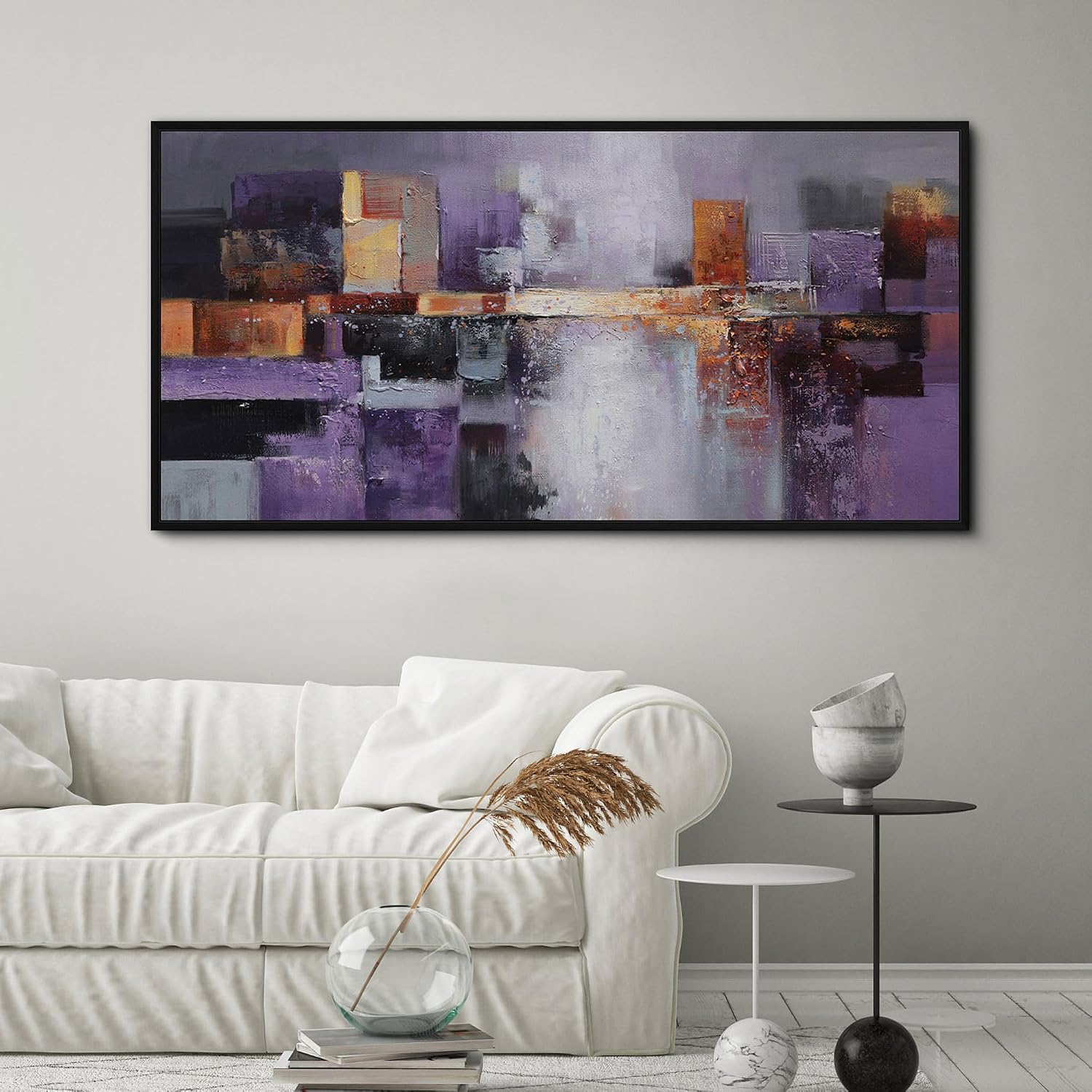 yiijeah Abstract Purple Wall Decor Bedroom Canvas Bathroom Art Picture Items for Women Framed Artwork Print 48x24 Inches