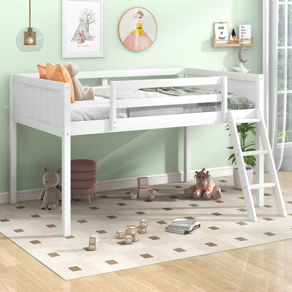 Twin Size Loft Bed, Wood Low Loft Bed with Convertible Ladder, Ladder can be Placed on the Left or Right, Safety Guardrails, Wood Slats Support, No Box Spring Required (White & Convertible Ladder)