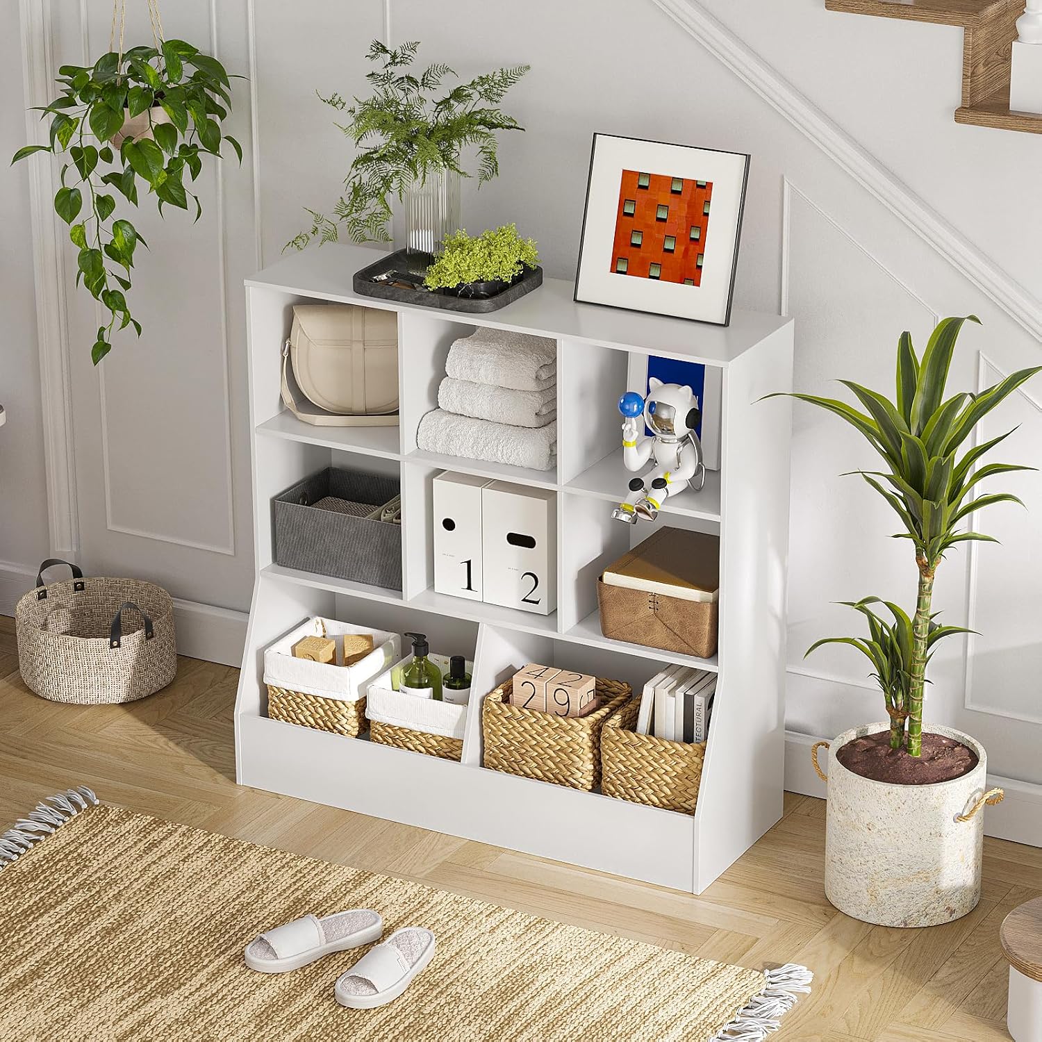 DINZI LVJ Toy Storage Organizer, Kids Bookshelf, Wood Toy Storage Cabinet, 3-Tier 8 Cubby Children Bookcase, 39.4' L Toddler Book Shelf for Playroom, Living Room, Nursery, Hallway, Classroom, White