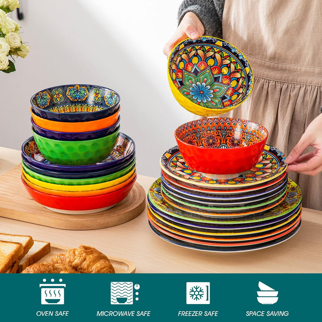 vancasso 24 Pieces Plates and Bowls Set, Bohemian Style Dinnerware Sets Service for 6, Porcelain Boho Dishes Set for Kitchen, Housewaring Gift, Dishwasher and Microwave Safe, Series KRVI