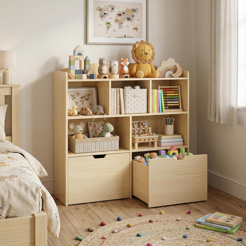 IDEALHOUSE Toy Storage Cabinet, Kids Bookshelf with Movable Drawers and Open Shelves, Kids Bookcase Organizer for Playroom Nursery Kindergarten