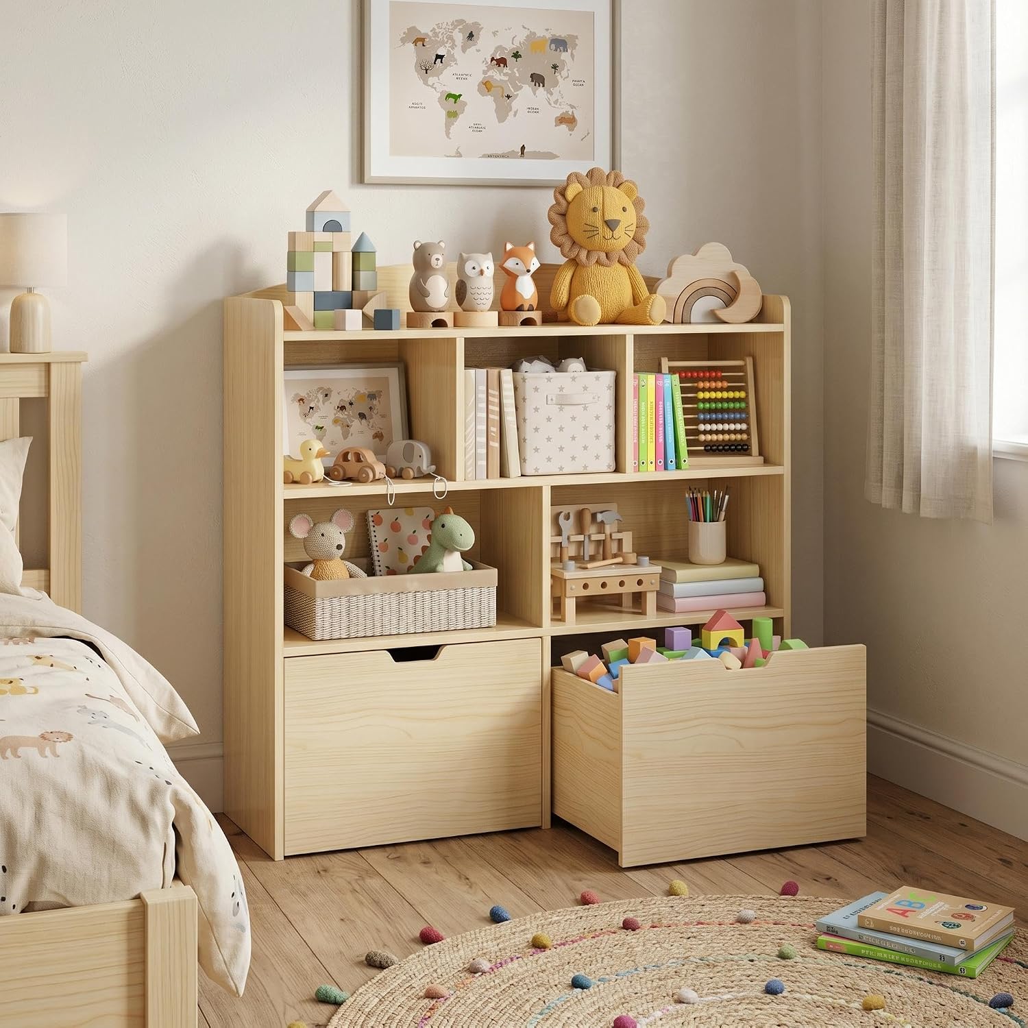 IDEALHOUSE Toy Storage Cabinet, Kids Bookshelf with Movable Drawers and Open Shelves, Kids Bookcase Organizer for Playroom Nursery Kindergarten