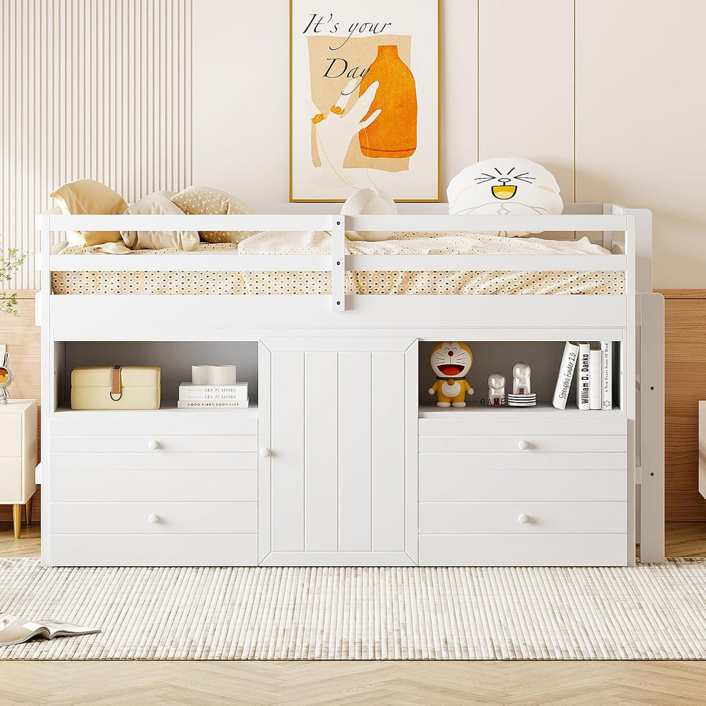 JIVOIT Twin Size Loft Bed with 4 Drawers, Underneath Cabinet and Shelves, Muti-Functional Loft Bed with Full-Length Guardrails and Ladder, Space-Saving Low Loft Bed for Kids Teens (White & 4 Drawers)