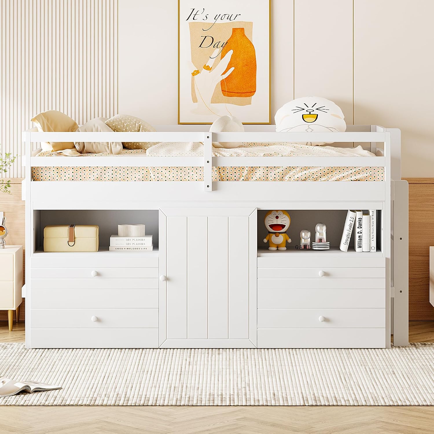 JIVOIT Twin Size Loft Bed with 4 Drawers, Underneath Cabinet and Shelves, Muti-Functional Loft Bed with Full-Length Guardrails and Ladder, Space-Saving Low Loft Bed for Kids Teens (White & 4 Drawers)