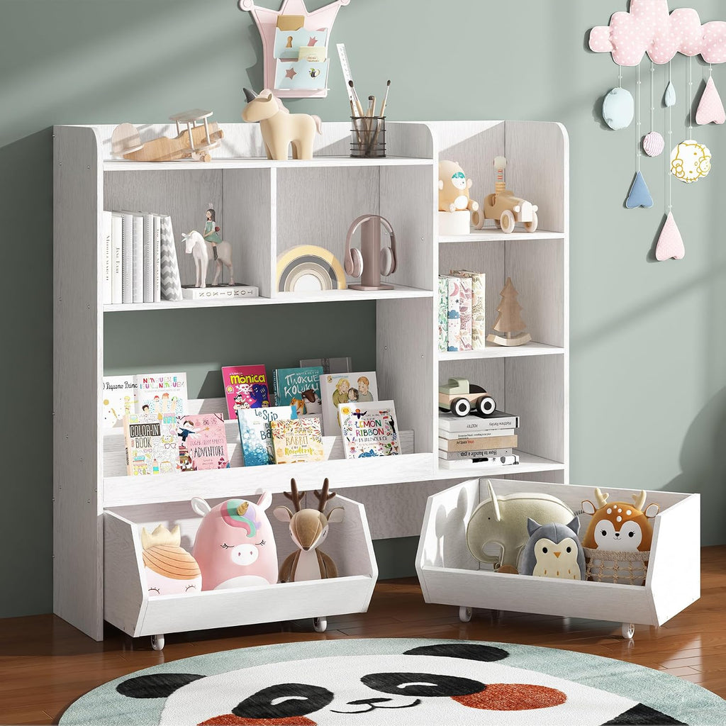 ZOPEND Kids Bookshelf and Toy Storage Organizer with 2 Rolling Bins, 5-Tier Open Wooden Bookcase for Children's Bedroom Playroom Nursery, Montessori Toddler Book Shelf with Display Rack, White