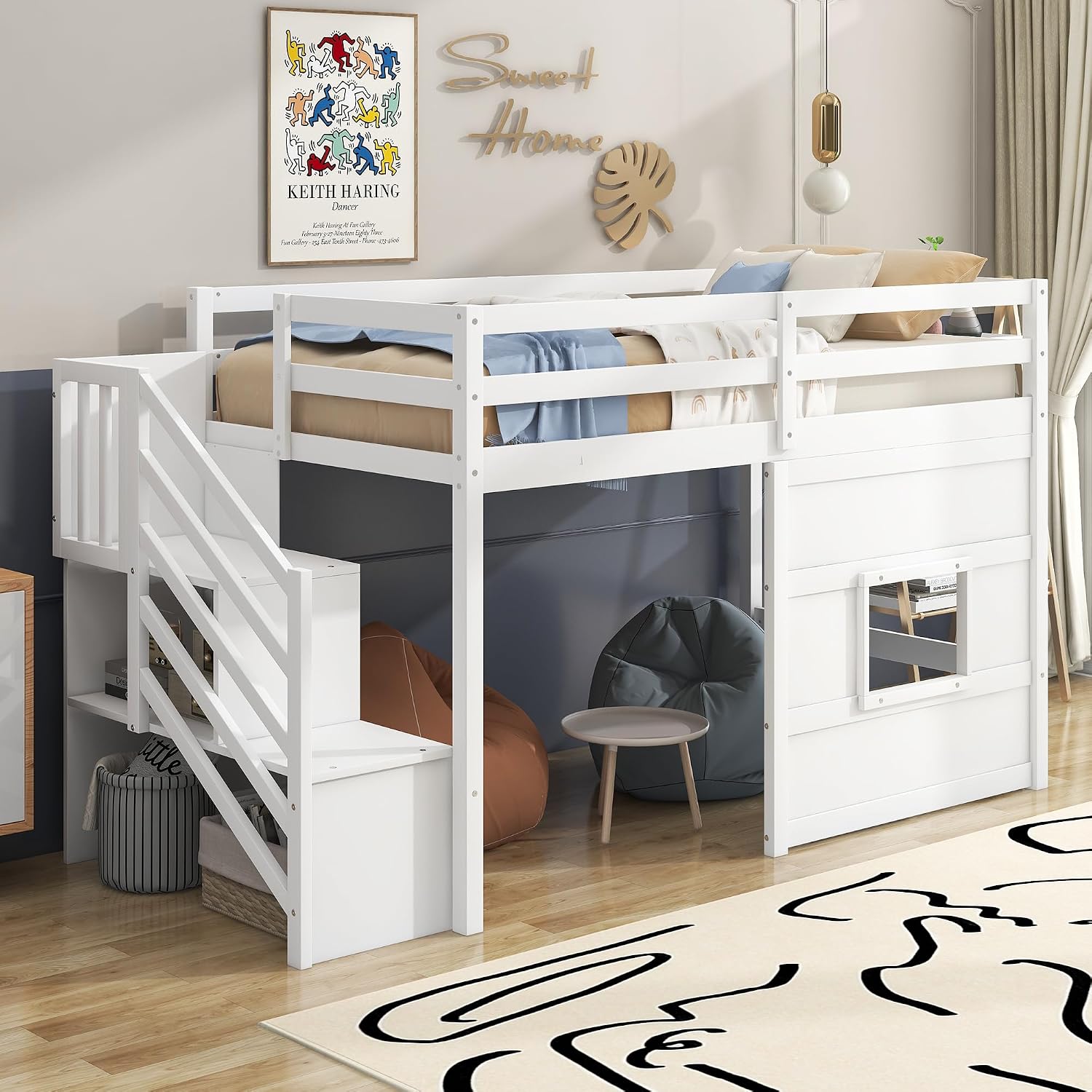 Low Loft Bed with Storage Staircase and Window, Twin Size Loft Bed with Guardrails and Wood Slats Support, Solid Wood Bed Frame, Space Saving Design, No Box Spring Need (White,Staircase+Window)