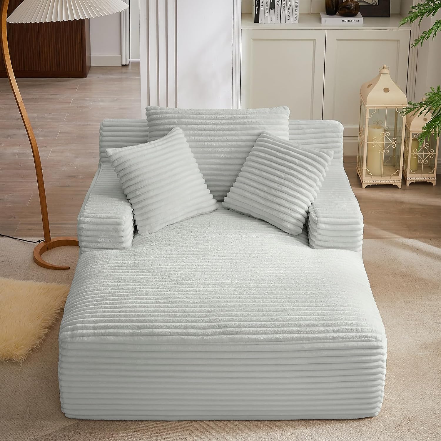 Oversized Chaise Lounge Chair Indoor, 66' Cloud Boneless Sleeper Couch Corduroy Upholstered Sofa Bed Deep Seat Comfy Reading Chair with 3 Pillows for Living Room Bedroom, Light Grey
